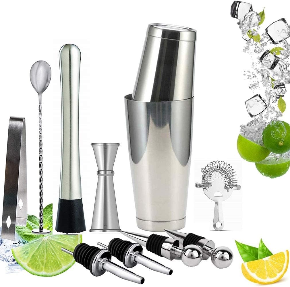 NJ Bar Set, Cocktail Shaker Bar Tools Set,Bartender Kit with Bar Accessories, Wine Stopper, Muddler, Boston Shaker, Strainer, Japanese Jigger, Bar Spoon, Bottle Opener, Pour Spouts: 11 Pcs Gift Set