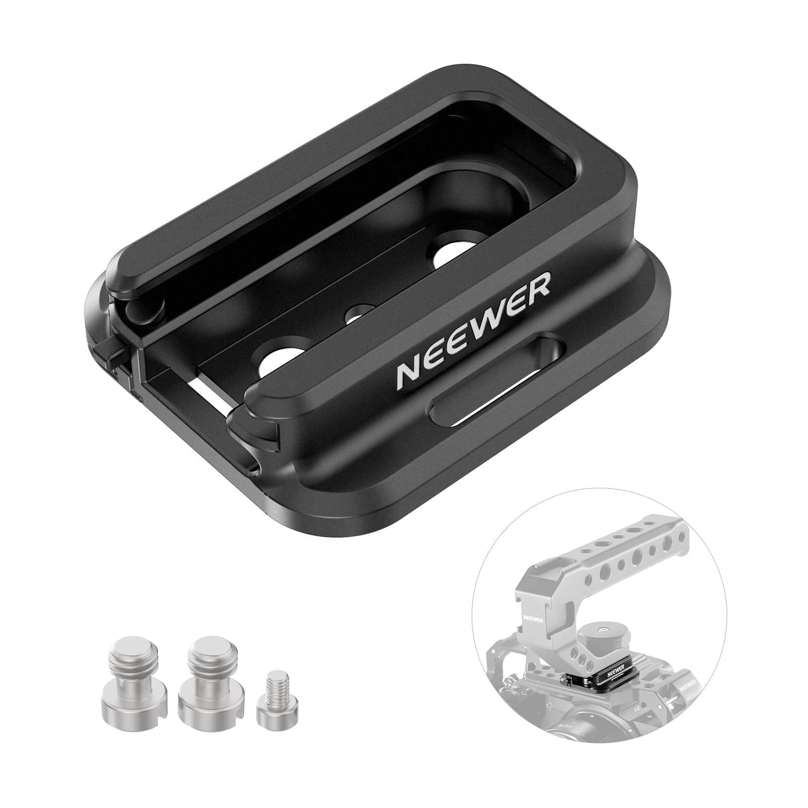 NEEWER Cold Shoe Mount Adapter with Dual 1/4" Threads & Screws, 4 Side Strap Slots, Anti Drop Retractable Safety Pin for Camera Cage Field Monitor Mount Speedlite Flash Mic LED Light, UA042