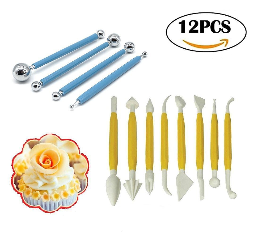 MUMUTIPS 12Pcs Cake Decorating Modeling Tools Set, (4pcs Cake Decorating Supplies Metal Ball and 8pcs Plastic Modeling Fondant Tools )