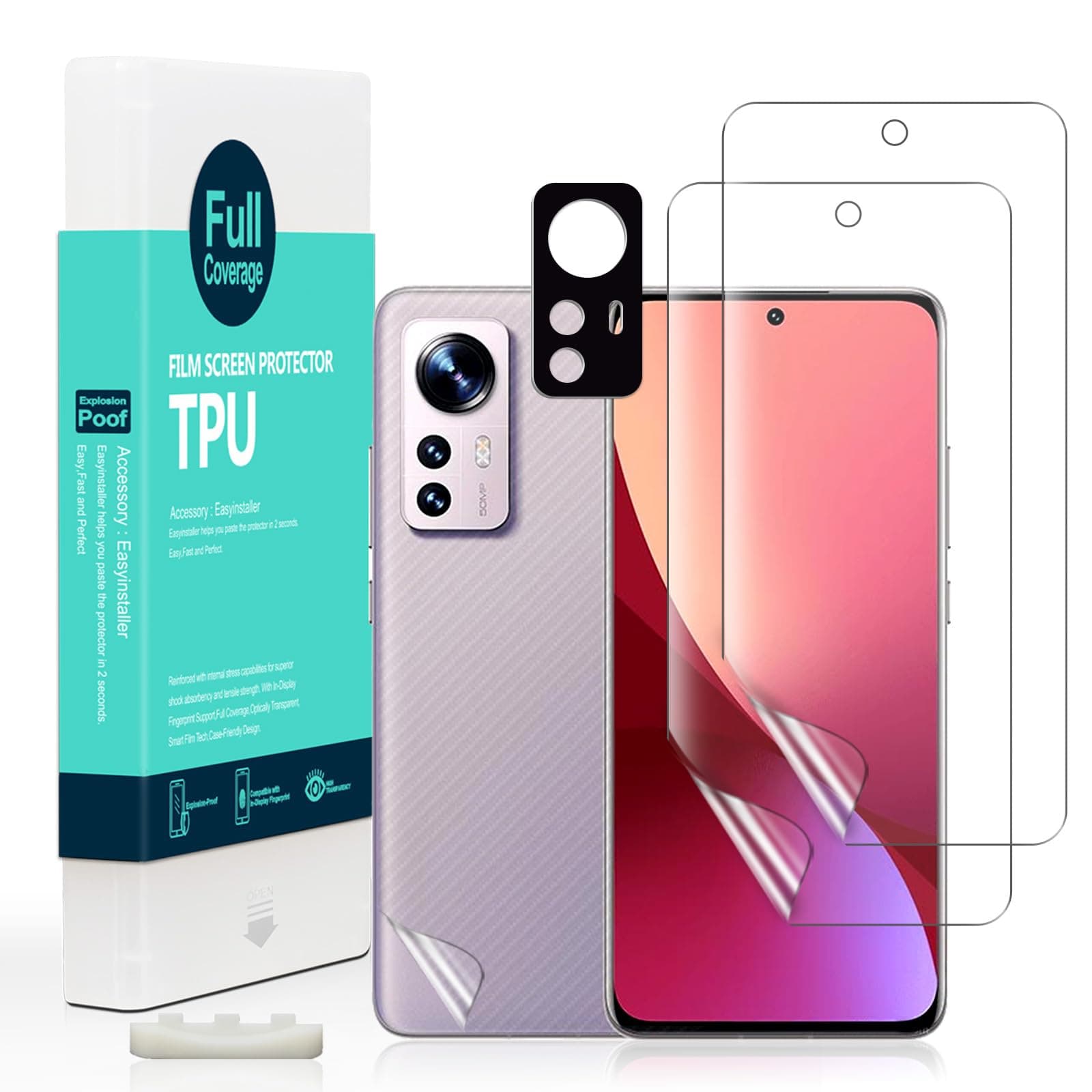 Ibywind Screen Protector For Xiaomi 12 Pro 5G(6.73 Inches),with 2Pcs Flexible TPU Film,1Pc Camera Lens Protector,1Pc Backing Carbon Fiber Film [Fingerprint Reader,Easy to install]