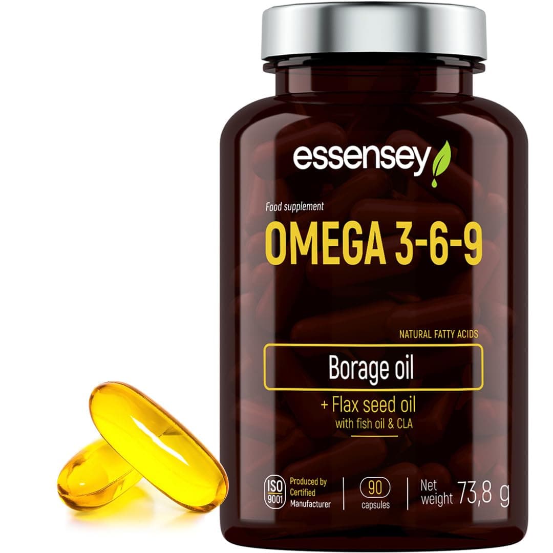 Essensey Omega 3 6 9 Complex 90 High Strength Vegan Capsules | Complex Dietary Supplement | Natural Fatty acids | Triple Omega 369 with EPA, DHA & ALA from Borage, Fish, Linseed Oil