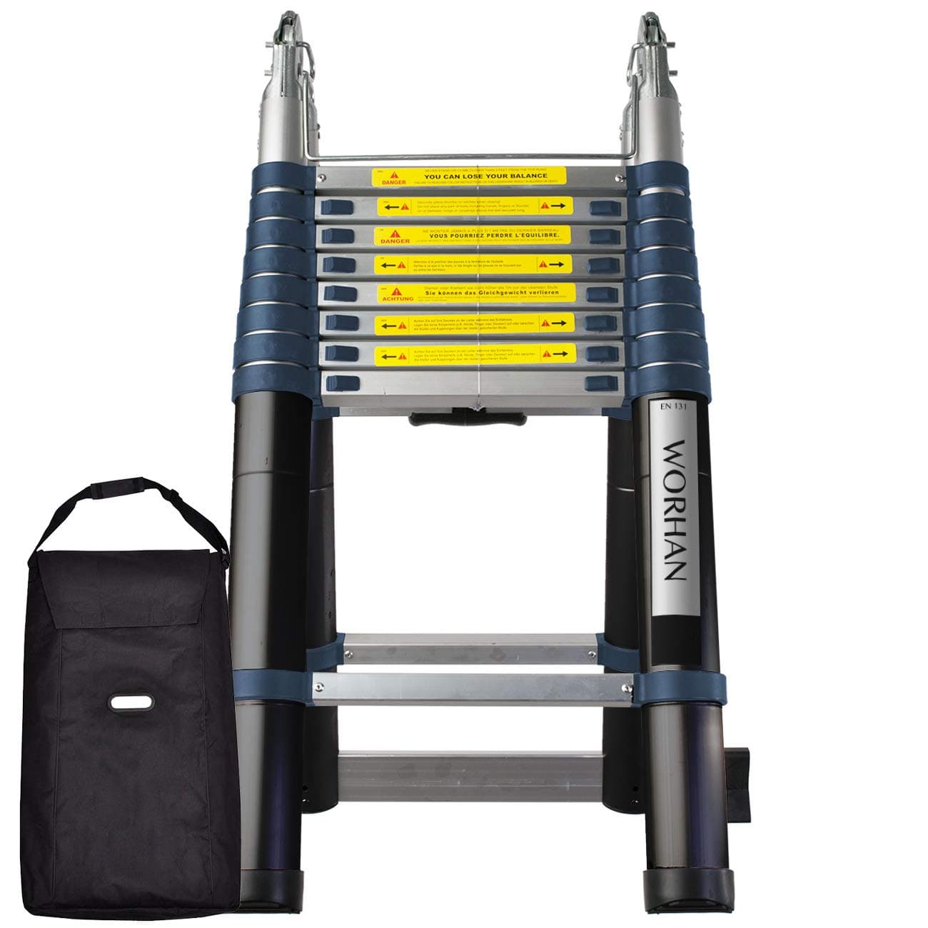 WORHAN 5.6m (18' 5'') Double Telescopic Foldable Extendable Multipurpose Aluminium A Frame Ladder Step Ladder with Stabilizer K5.6+bag