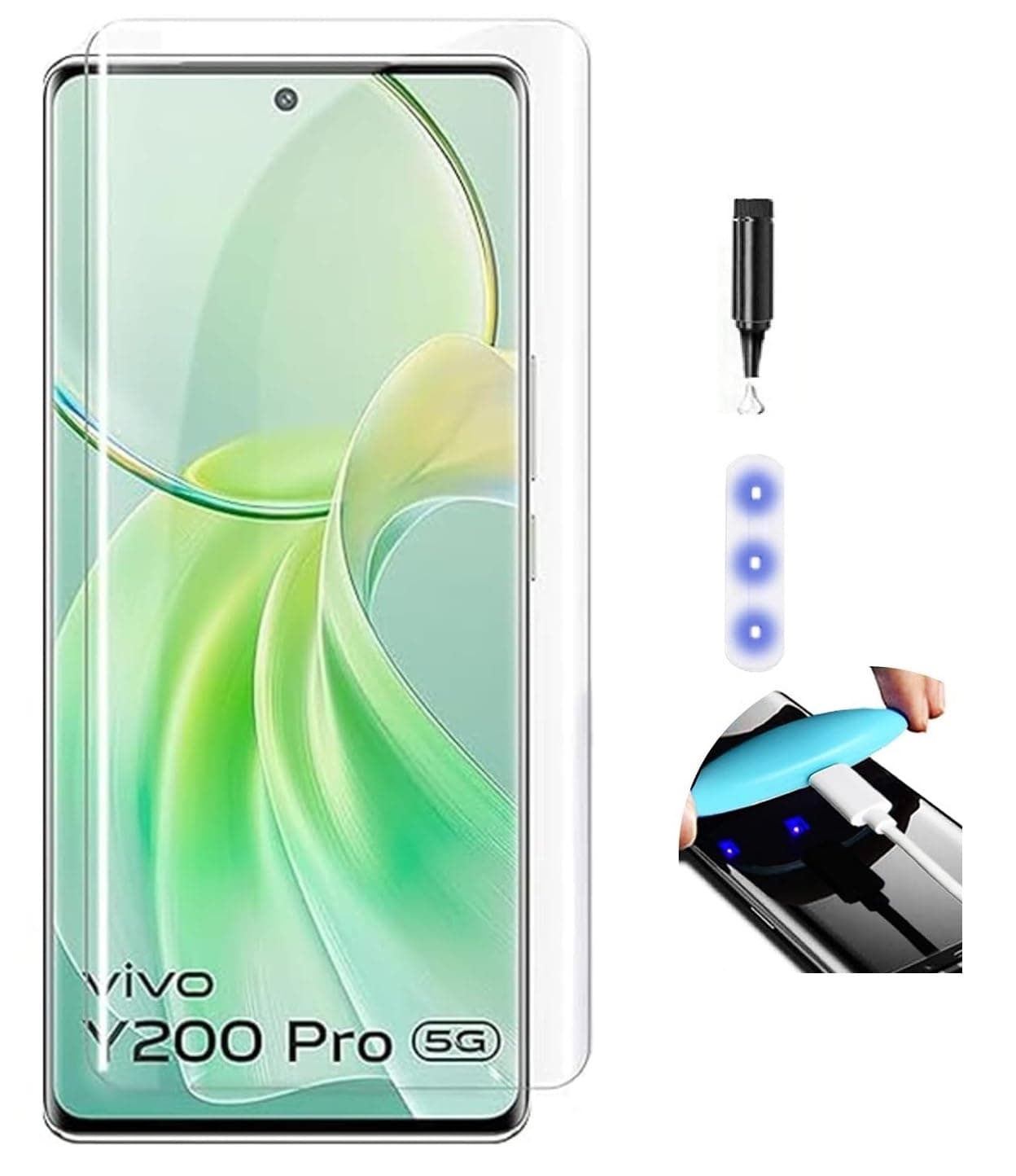 NISHTECH Advanced HD+ Curved UV Tempered Glass Full Screen Protector Designed for Vivo Y200 Pro 5G (2024) || Full Screen Coverage with Easy Installation Kit (Anti-Scratch)