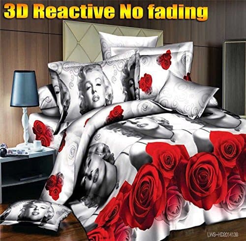 4-Pieces Marilyn Monroe Bedding, 3D Rose Printing Bedding Set Queen Size (1 Flat Sheet+1 Duvet Cover +2 Pillowcases)