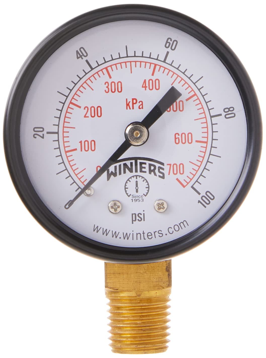Winters 2 inch Dial Size, Multi Function Economy Utility Dry Pressure Gauge, Brass Internals, Black Steel Case, Dual Scale 0-100 psi/kPa, 3-2-3% Accuracy, 1/4 inch NPT Bottom Mount, Pressure Gauge