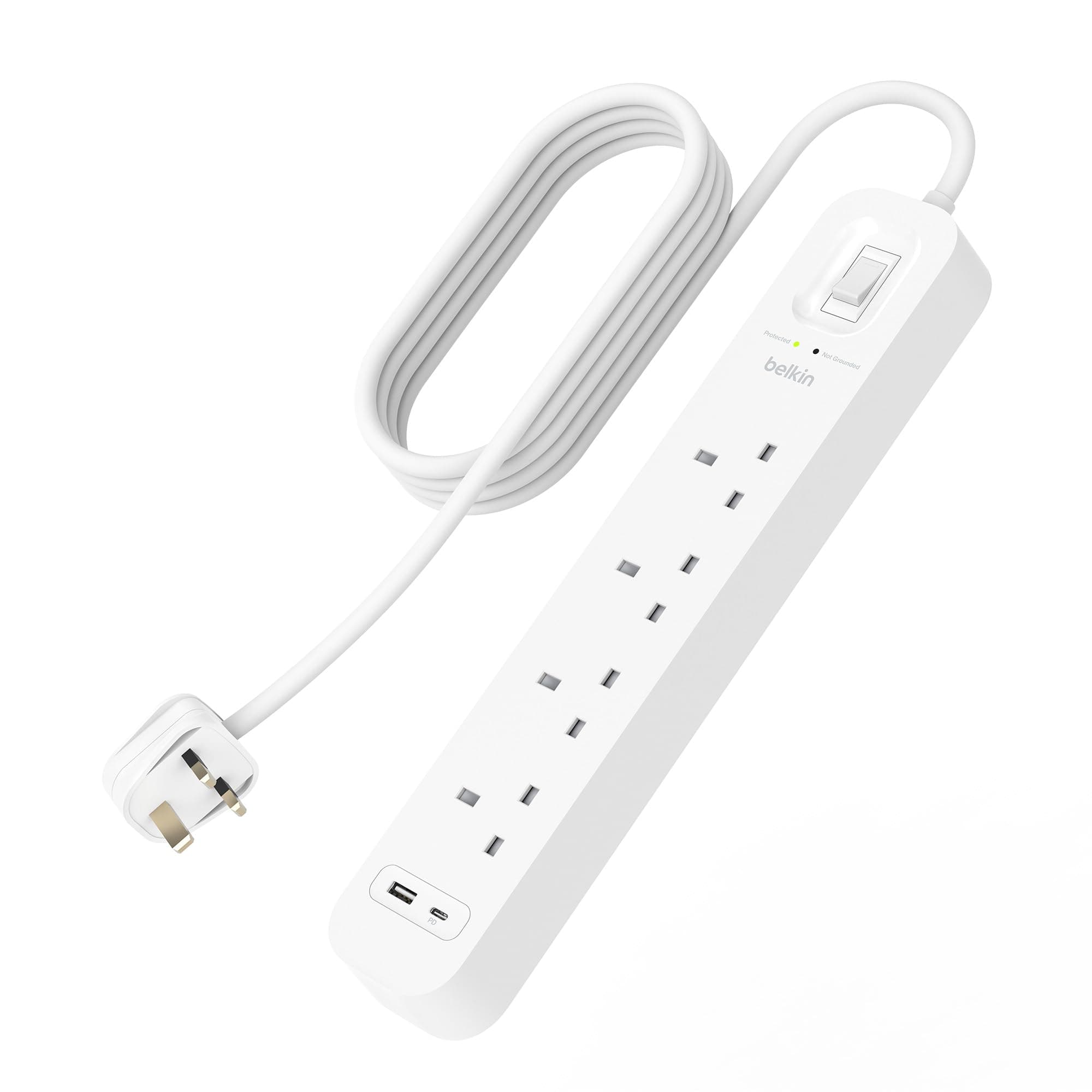 4-Outlet Surge Protector Power Strip, Wall-Mountable with 4 AC Outlets, 2M Power Cord, & Green Indicator Light - USB-C Port & USB-A Port w/USB-C PD Fast Charging - 525 Joules of Protection