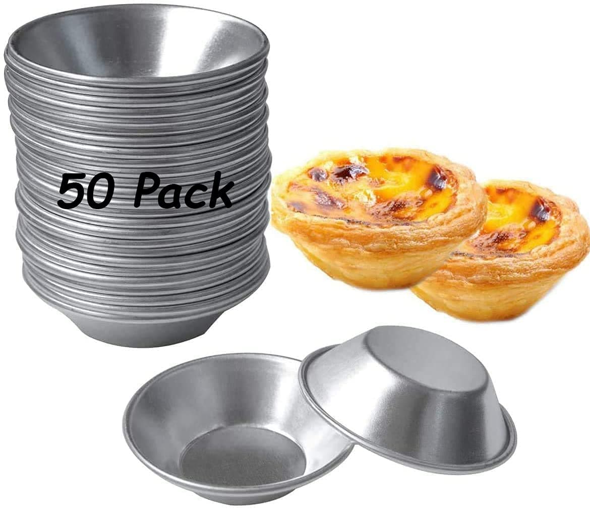 50 Pack Egg Tart Molds Tiny Pie Tartlets Dessert Mold Pans Tin Puto Cup Bakeware Muffin Cupcake Cake Cookie Mold Baking Tool, Round Resuable Nonstick (50)