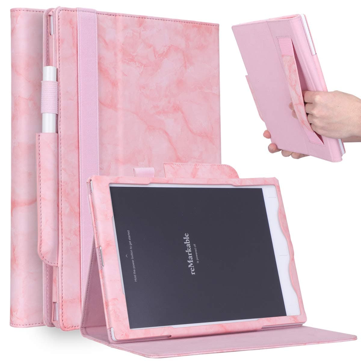 Remarkable Tablet Case, [Kickstand Feature] [Remarkable Pen Holder] [Hand Strap] Leather Folio Case Stand Cover for Remarkable Paper Tablet 10.3" Digital Notepad E-Reader 2018-Pink