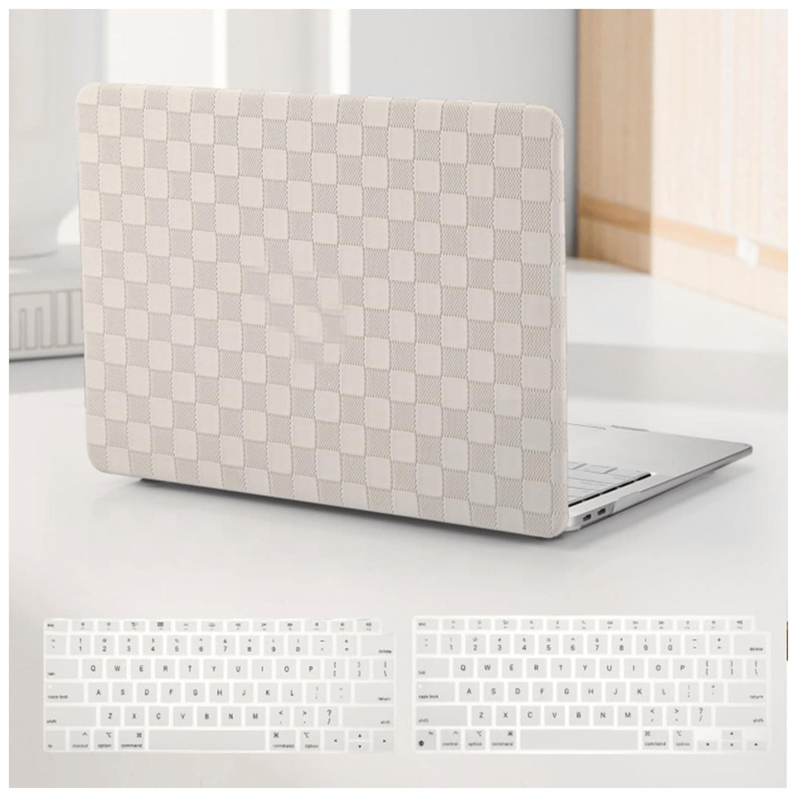 for MacBook Pro 13 inch Case M2 2026-2023, 2022-2016 A2338 M1 A2251 A2289 A2159 A1989 A1708 A1706, Checkered Textured Cream Leather Hard Shell No Logo Cutout&Keyboard Cover, Beige Checkerboard