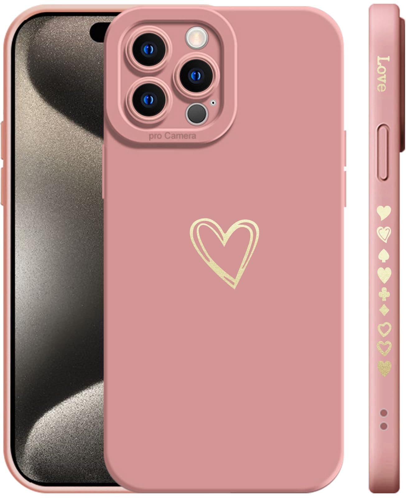 T Tersely Compatible with iPhone 15 Pro Max Case Luxury Gold Heart Pattern Soft Liquid Silicone Shockproof Case for Women Girls Side Cute Plated Heart Pattern Slim Phone Case (Pink)