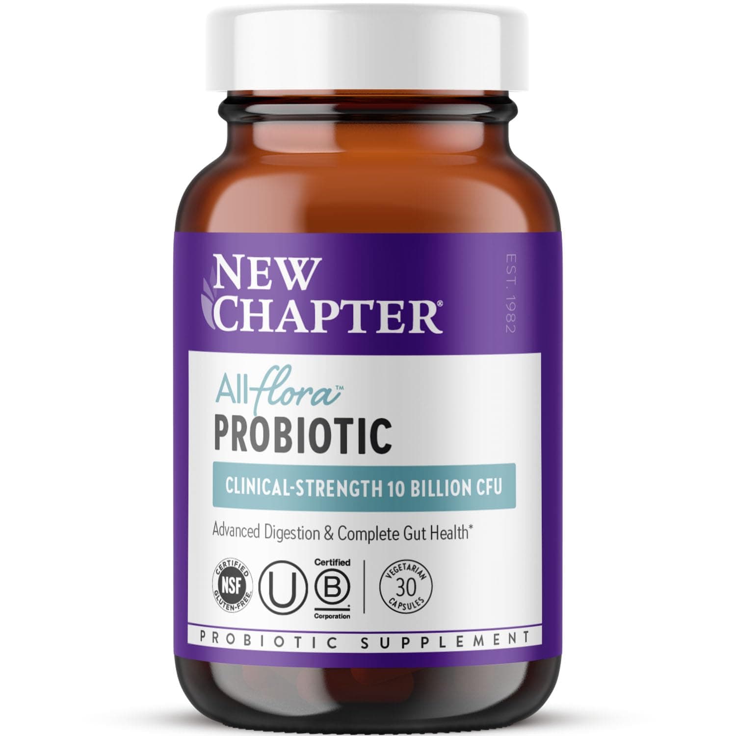 New Chapter All-Flora Probiotic for Advanced Digestion & Complete Gut Health with Prebiotics + Postbiotics, Clinical-Strength Strains, 100% Vegetarian, Non-GMO, Shelf Stable - 30 ct (1 Month Supply)