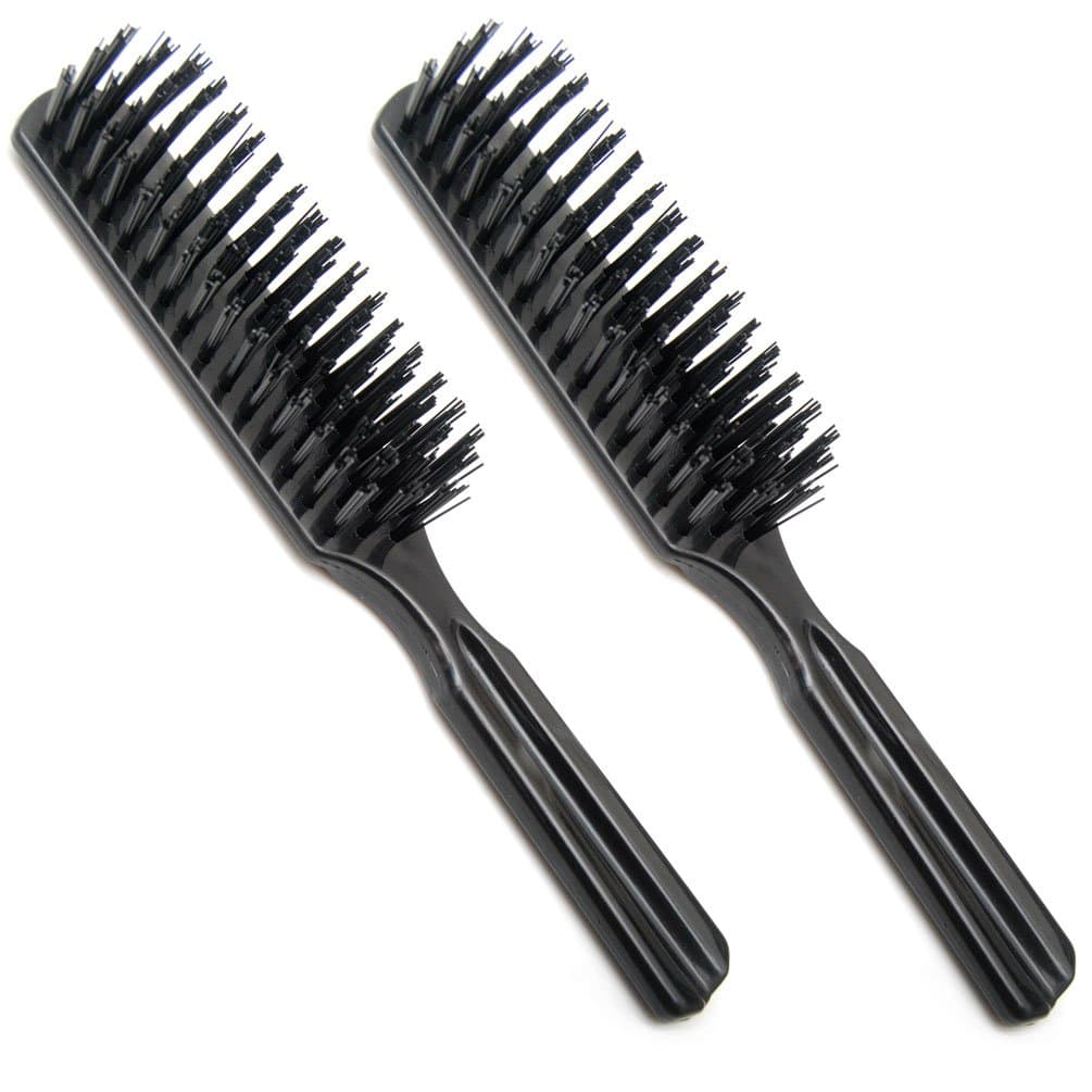 (Pack 2) 7.5" Pocket Plastic Handle Nylon Bristles Brushes Hair Comb Designed for All Hair Types (Black)