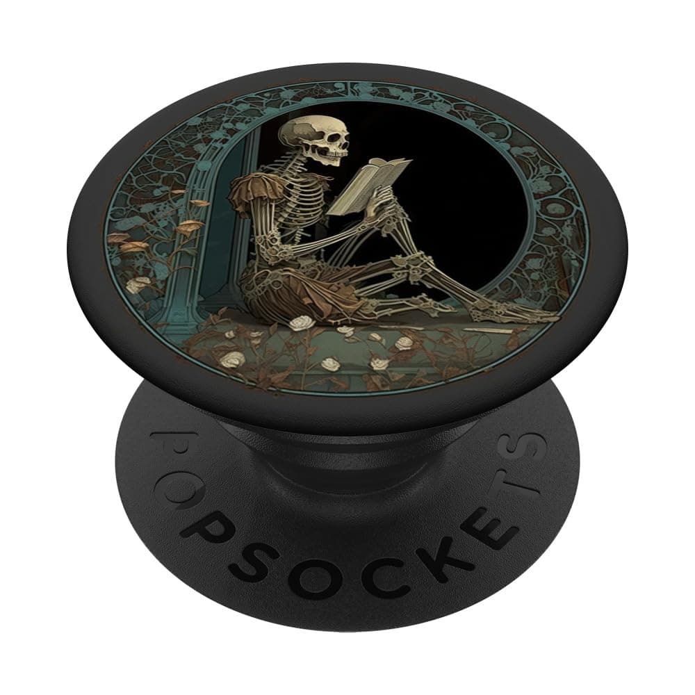 Librarian Skeleton Gothic Goth Book Reading Lover PopSocket Adhesive PopGrip for Smartphones with Smooth, Hard, Plastic Cases - Black
