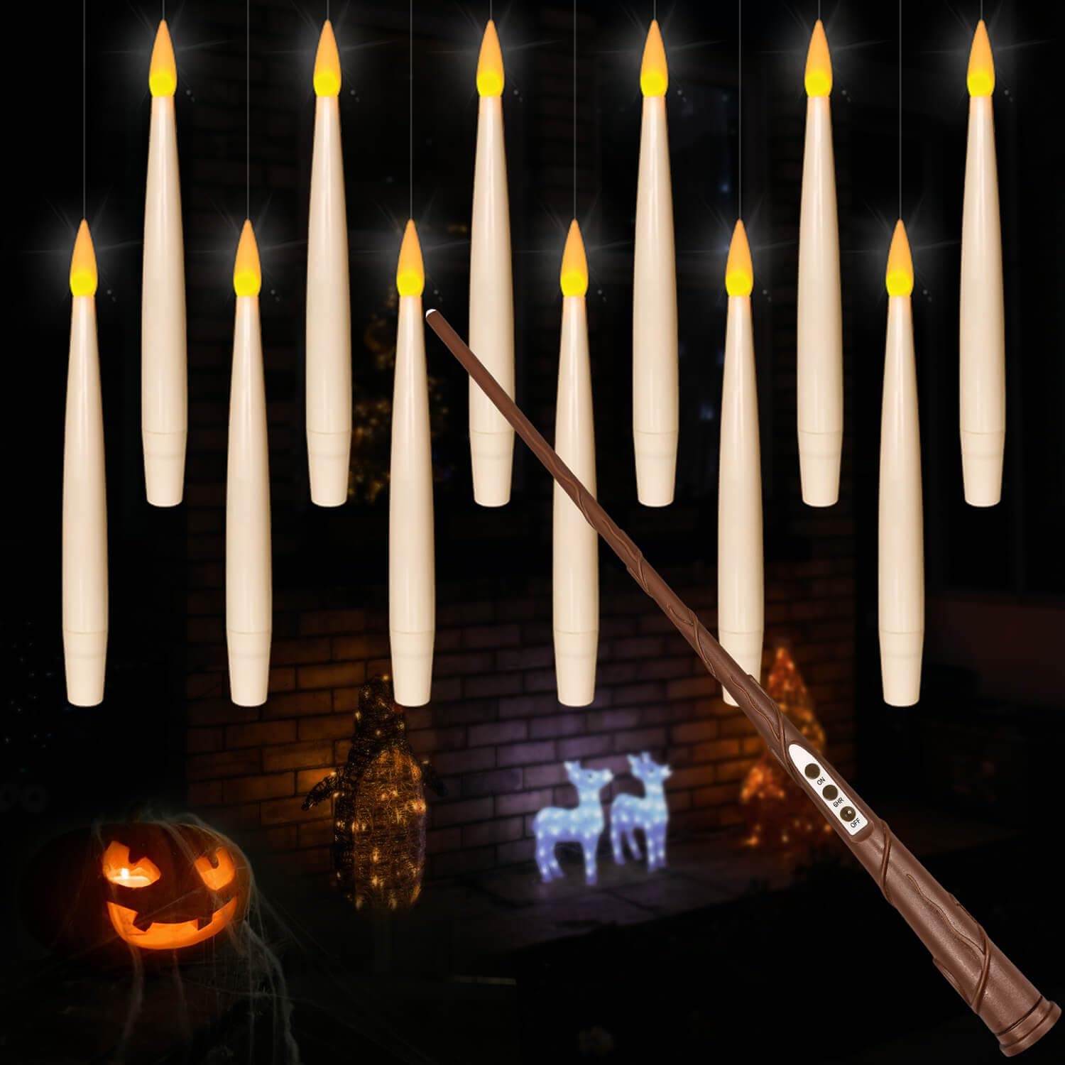 Floating Candles with Magic Wand Remote(6/18H Timer), 12pcs 6.1" Hanging Flameless Taper Candles, Battery Operated Flickering Warm Light, Halloween Christmas Gift, Wedding Party Decor (Ivory)