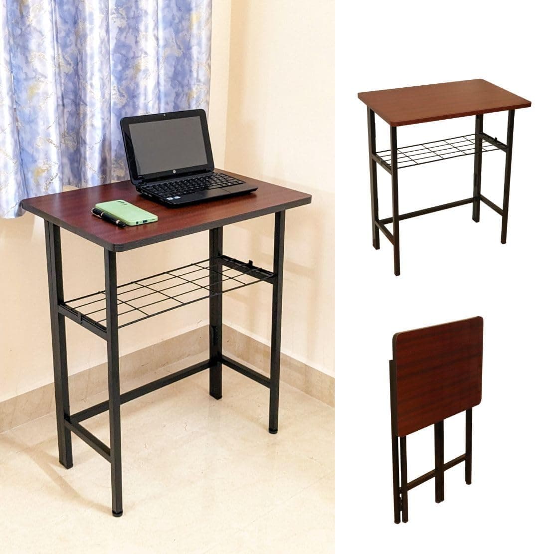 ANEXO Metal Folding Computer Work from Home Table for Laptop Study Office Foldable Desk (Maroon with Tray)