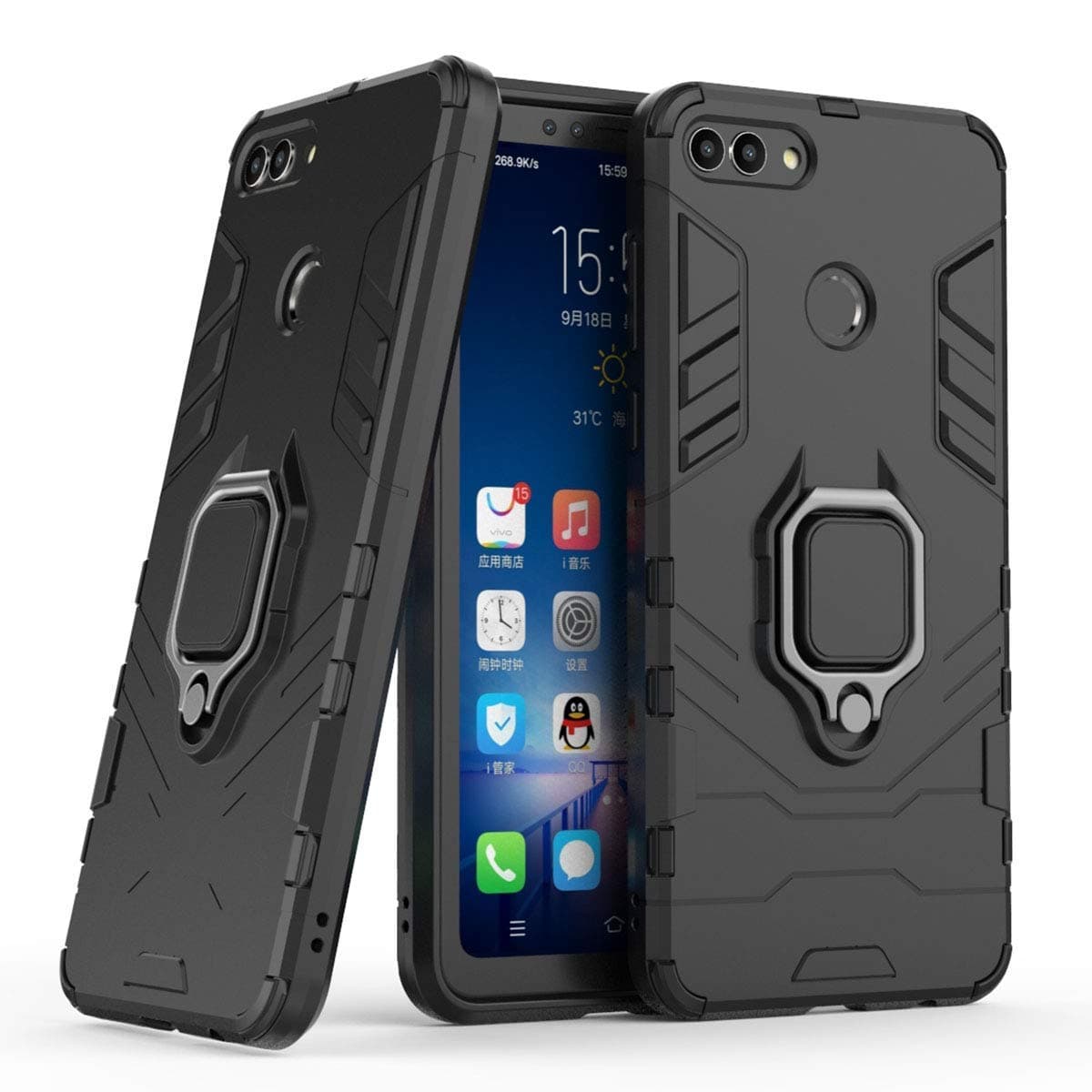 LuluMain Compatible with Huawei Y9 (2018), Enjoy 8 Plus Case, Metal Ring Grip Kickstand Shockproof Hard Bumper (Works with Magnetic Car Mount) Dual Layer Rugged Cover (Black)