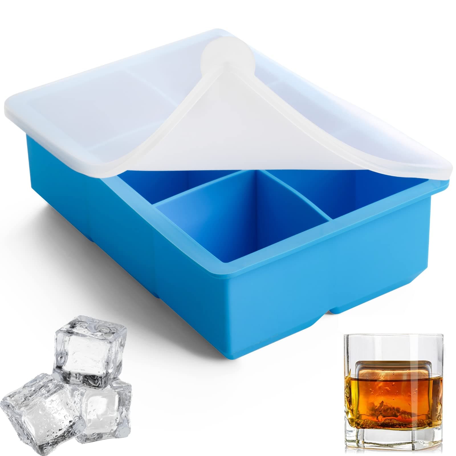 Homessentials Large Ice Cube Tray with Lid, Spill Proof, Easy Release 2 inch Large Ice Cube Mould for Drinks, Blue 01 Pack