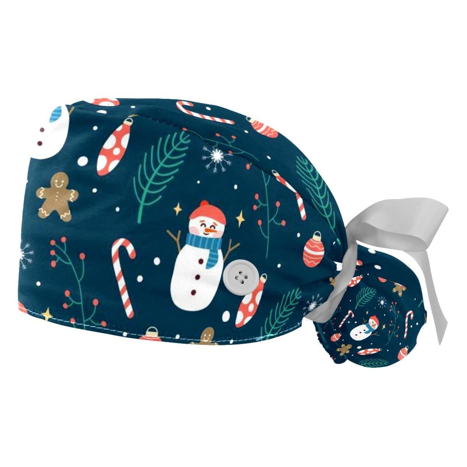 FFLOWER 2 Pcs Working Cap with Buttons Sweatband Blue Red Christmas Pattern Ribbon Tie Back Bouffant Hats