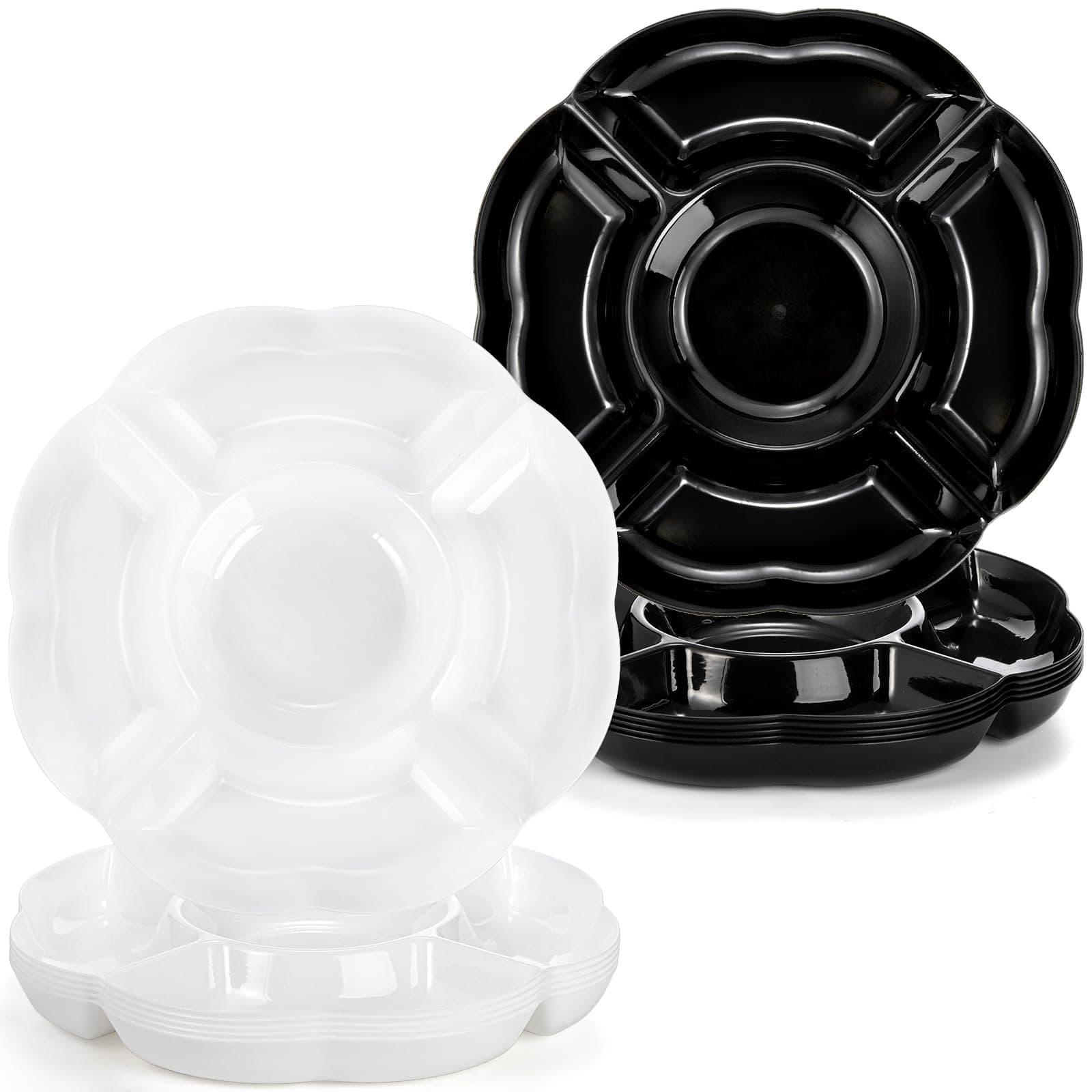 Okllen12 Pack Plastic Snack Serving Tray, 9.4" Chip and Dip Divided Serving Plate, Round 5 Compartments Appetizer Serving Tray for Dried Fruit, Candy, Nut, Desserts, Black & White