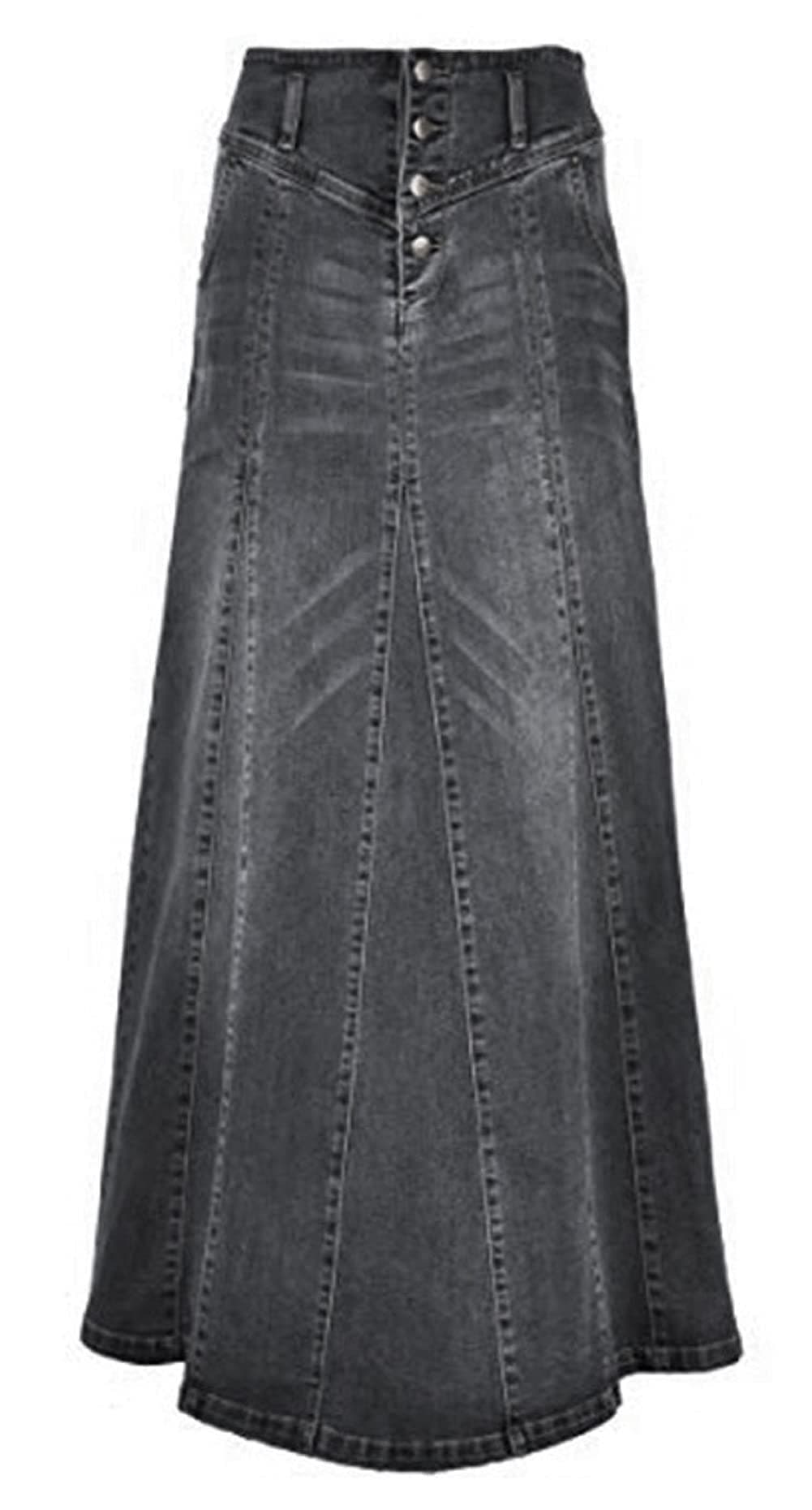CHARTOU Women's Retro Exposure Button-Fly Packaged Hip A-Line Maxi Long Denim Skirt (XX-Large, Grey)