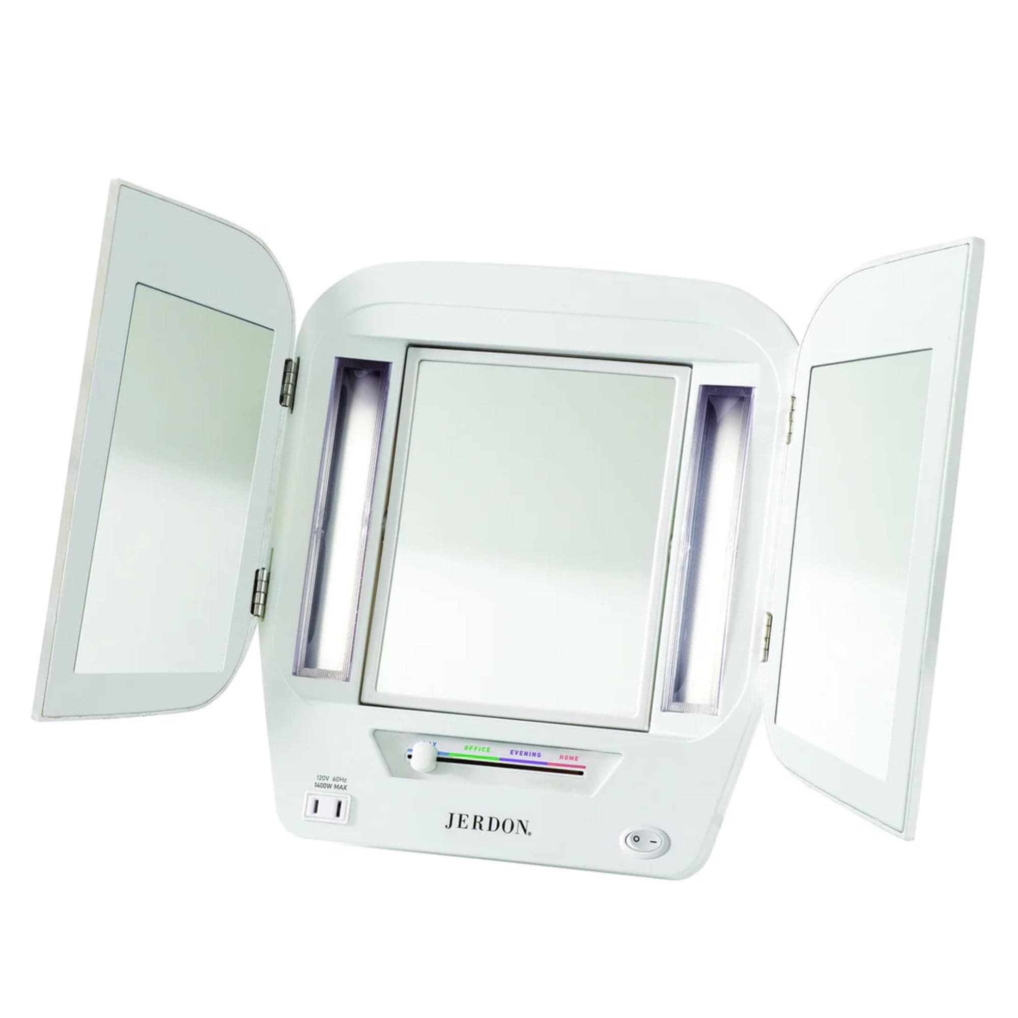 Modern Tri-Fold Makeup Mirror with Lights - Vanity Mirror with 5X Magnification & Multiple Light Settings - White Base - Model JGL10W
