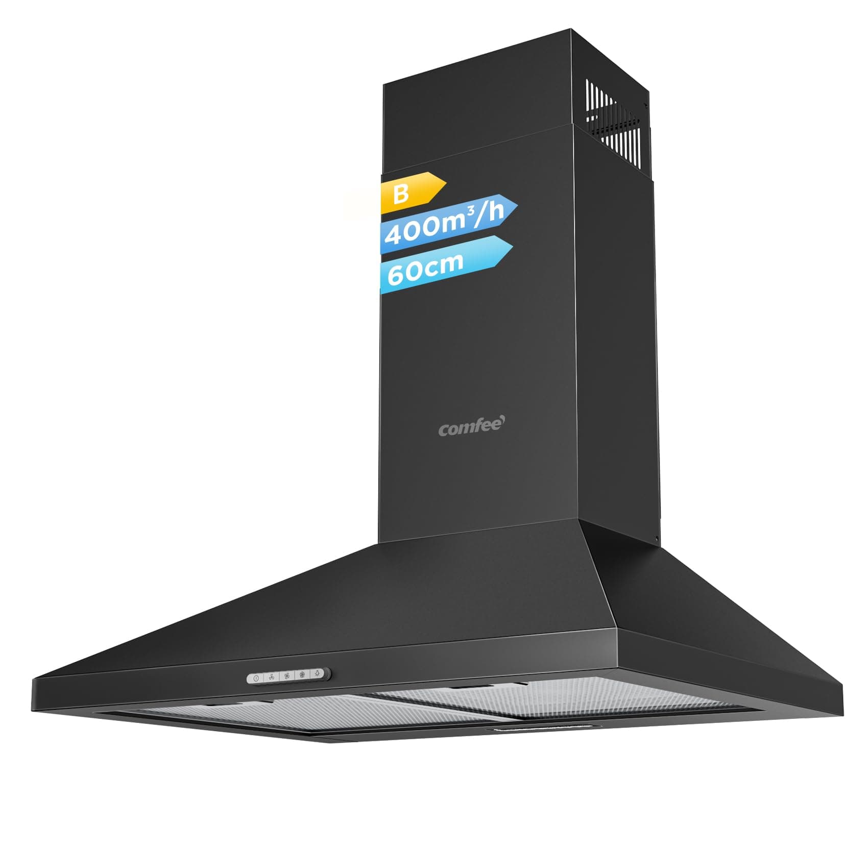 COMFEE' 60 cm Chimney Cooker Hood PYRA17B-60 with LED and Recirculating & Ducting System Wall Mounted Range Hood 600 mm Extractor Fan Kitchen - Black