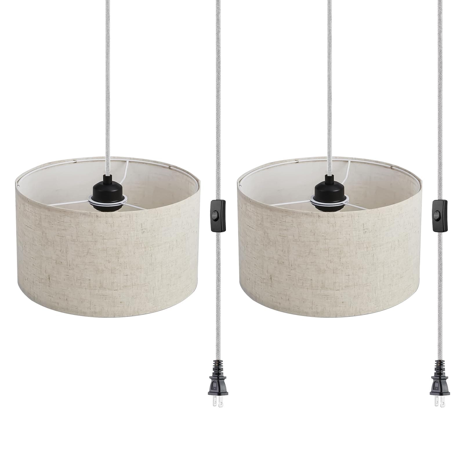 2 Pack Plug in Pendant Light Set,15 FT Hanging Lamp with Plug in Cord, Pendant Lights with Fabric Shade, Hanging Pendant Light Fixture for Bedroom, Kitchen, Living Room, Dining Table (Beige)