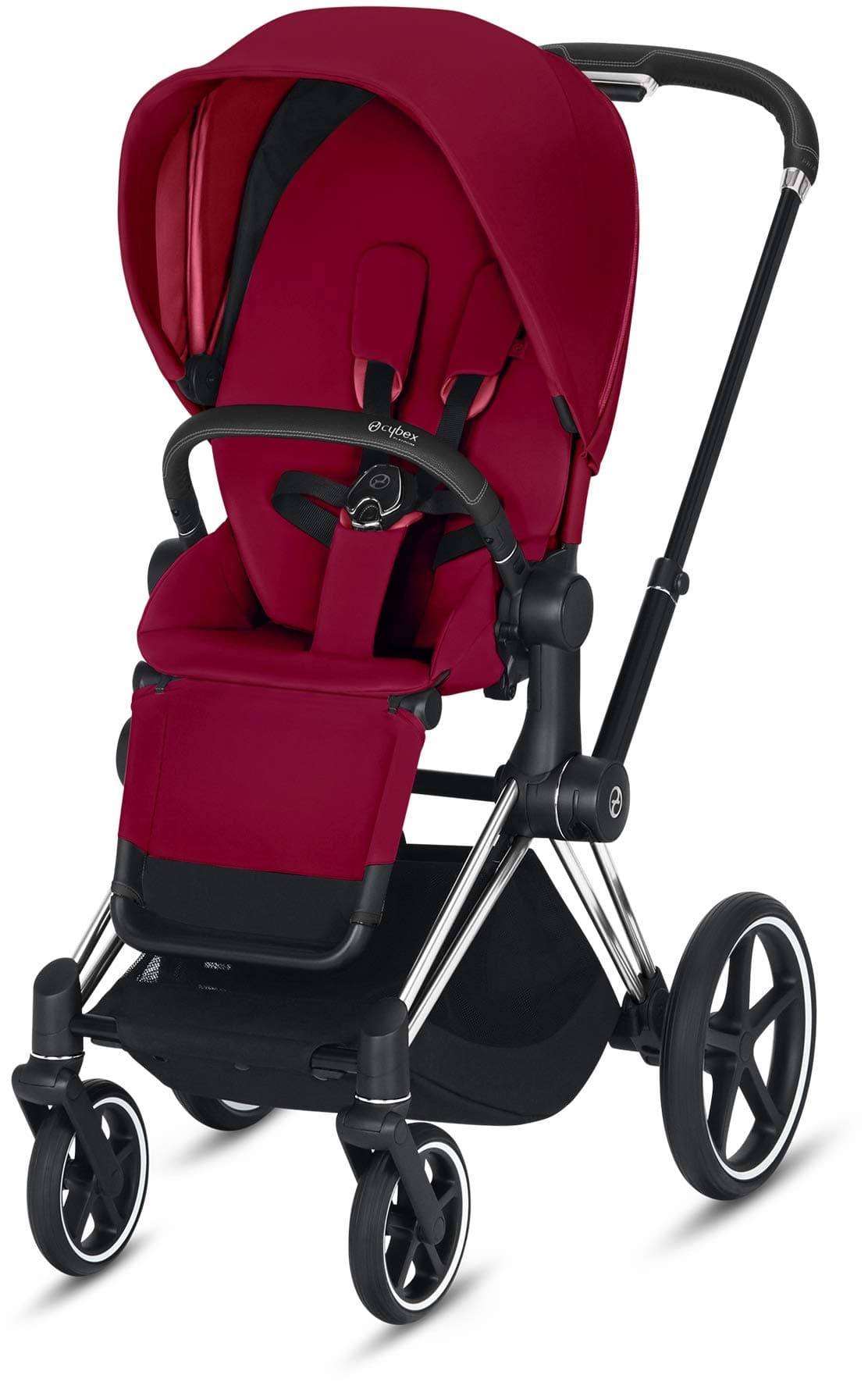 Cybex Priam 3 Complete Stroller, One-Hand Compact Fold, Lightweight, Reversible Seat, Smooth Ride All-Wheel Suspension, Extra Storage, Adjustable Leg Rest, True Red with Chrome/Black Frame