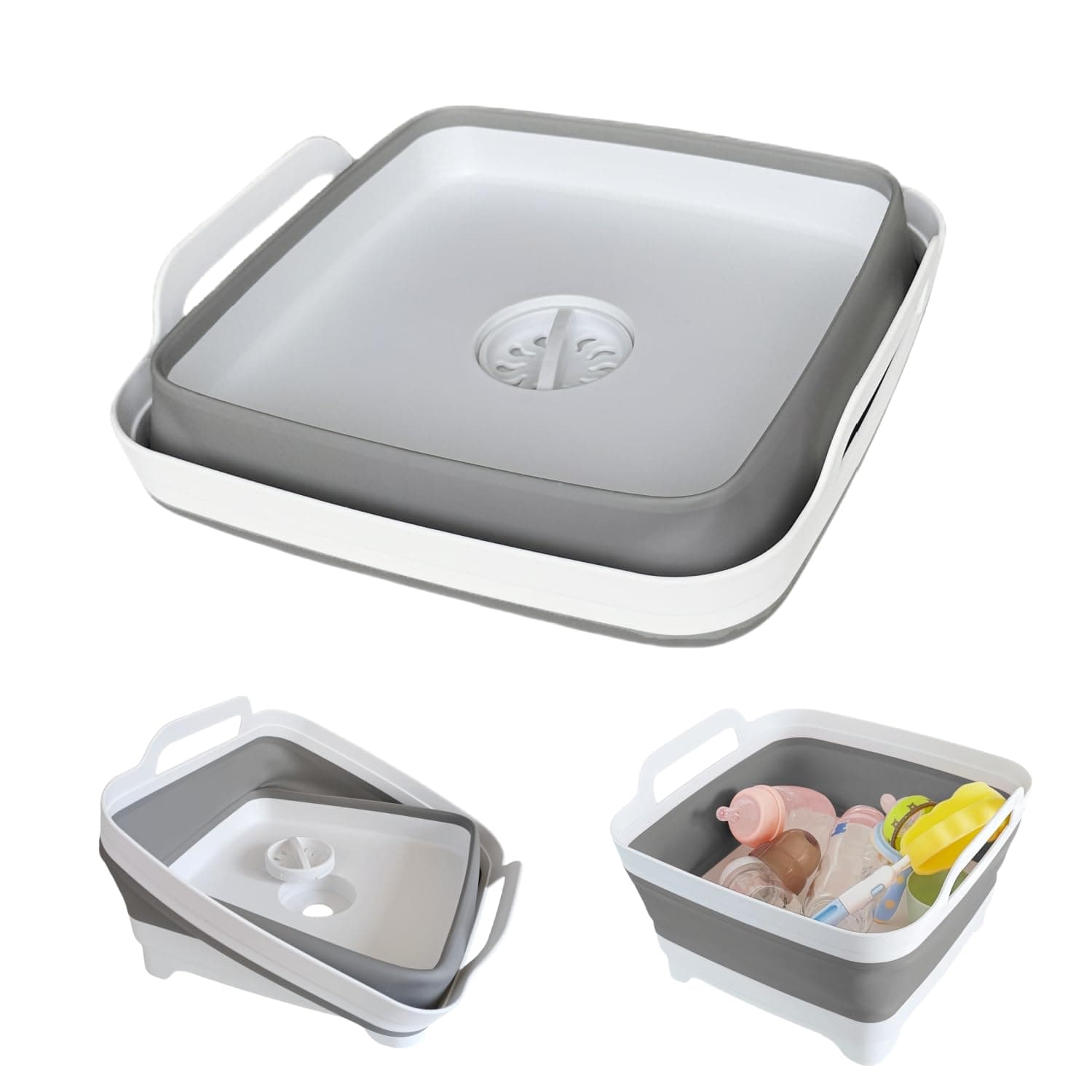 Collapsible Wash Basin with Drain Plug - 2.4 Gallon Foldable Kitchen Sink for Baby Bottles, RV Camping, Space-Saving Dish Tub (Gray)