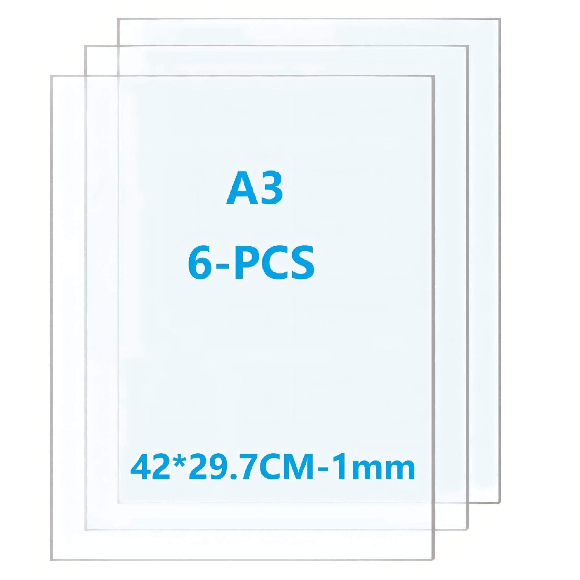 6 Pack 42 x 29.7cm Plastic Sheet, A3 Clear Acrylic Perspex Sheets for Househld Decoration, Display, Picture Frame, Painting - 1mm Thick