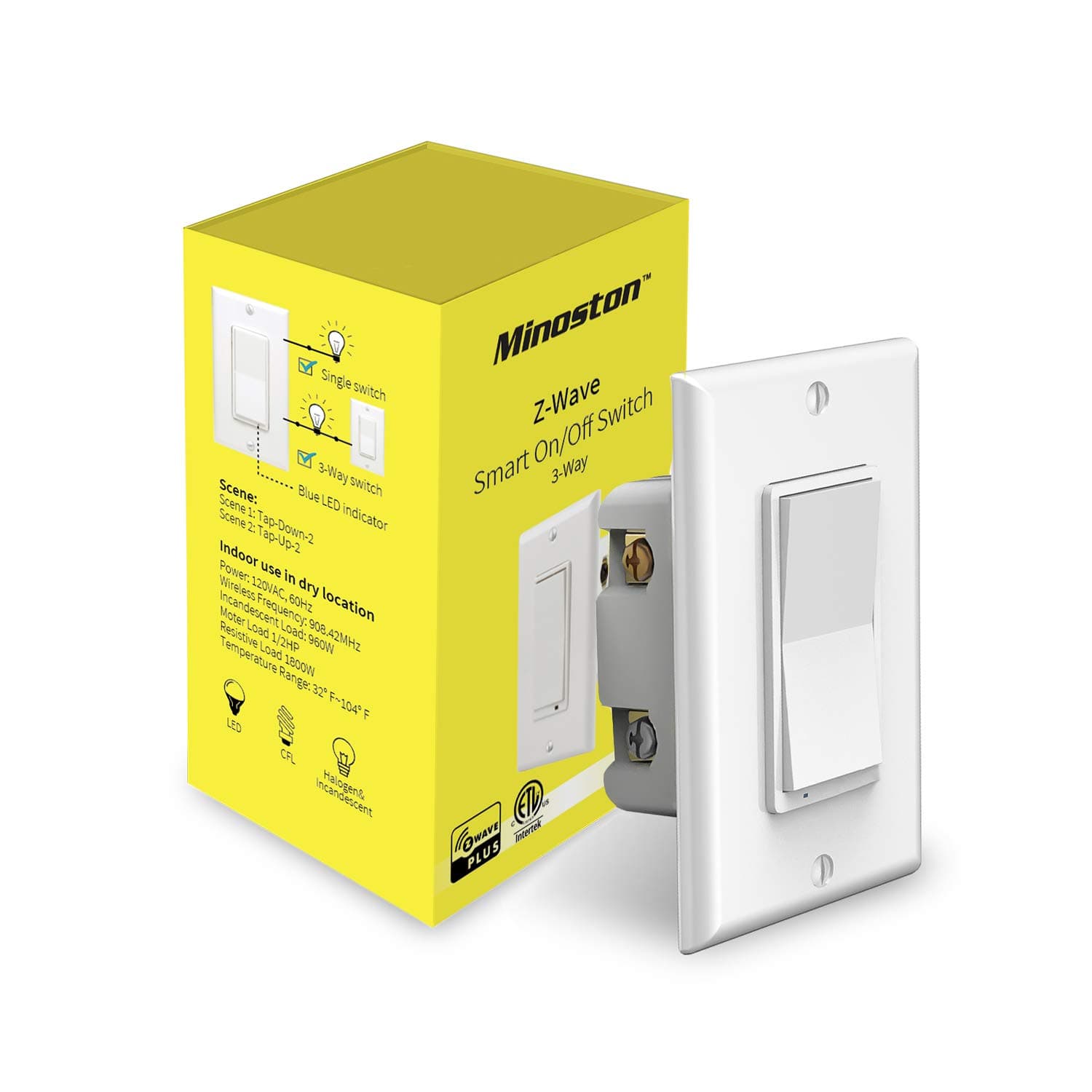 Minoston Z-Wave On/Off Switch Smart Light Switch in-Wall Paddle, Support 3-Way Installation, Work with Smartthings & Wink, Signal Repeater, Required Z-Wave Hub, FCC & ETL Listed (MS10Z)