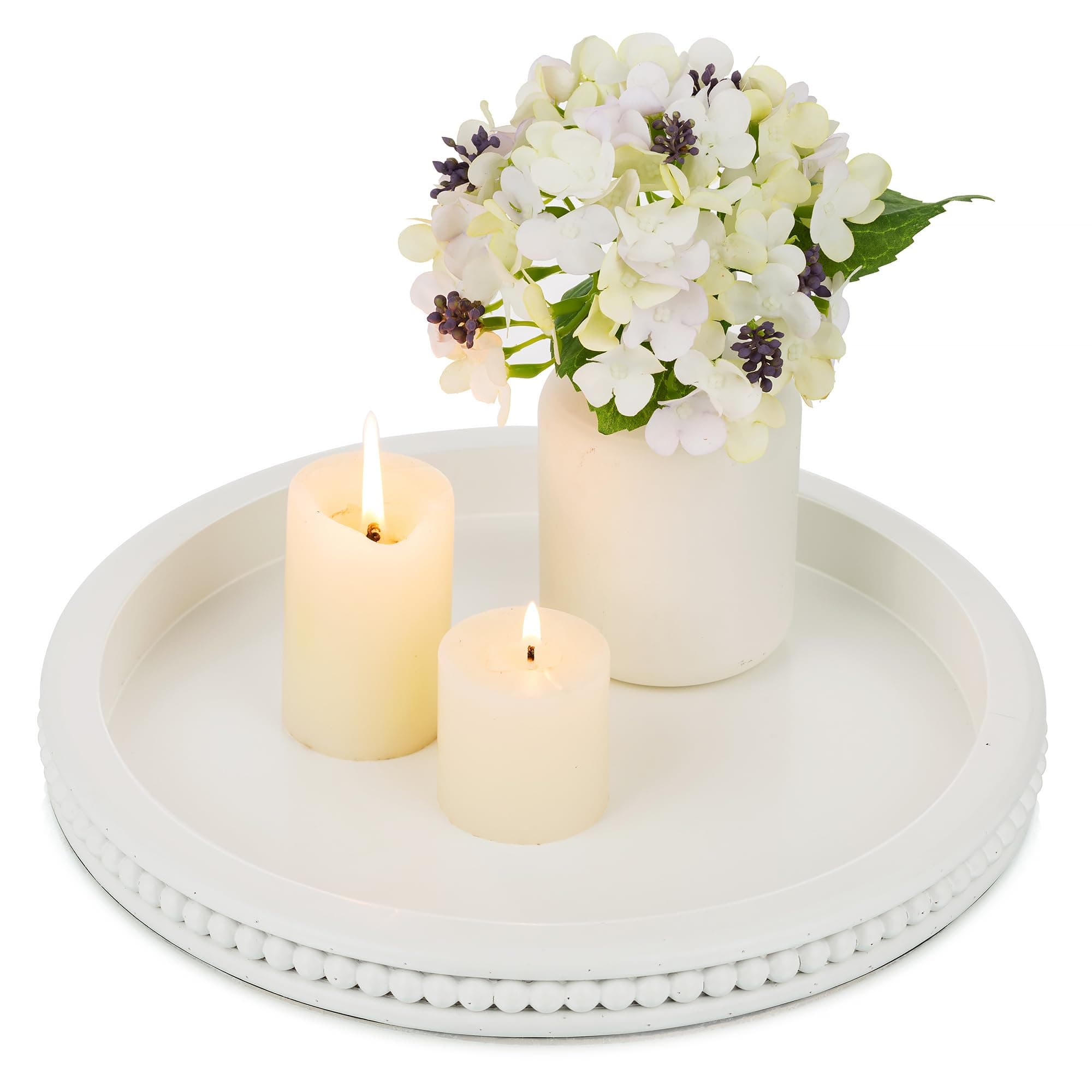 Hanobe Decorative Coffee Table Tray: White Beaded Round Serving Tray Modern Farmhouse Wooden Circle Centerpiece Tray Decor for Home Living Dining Room Kitchen Counter Bathroom