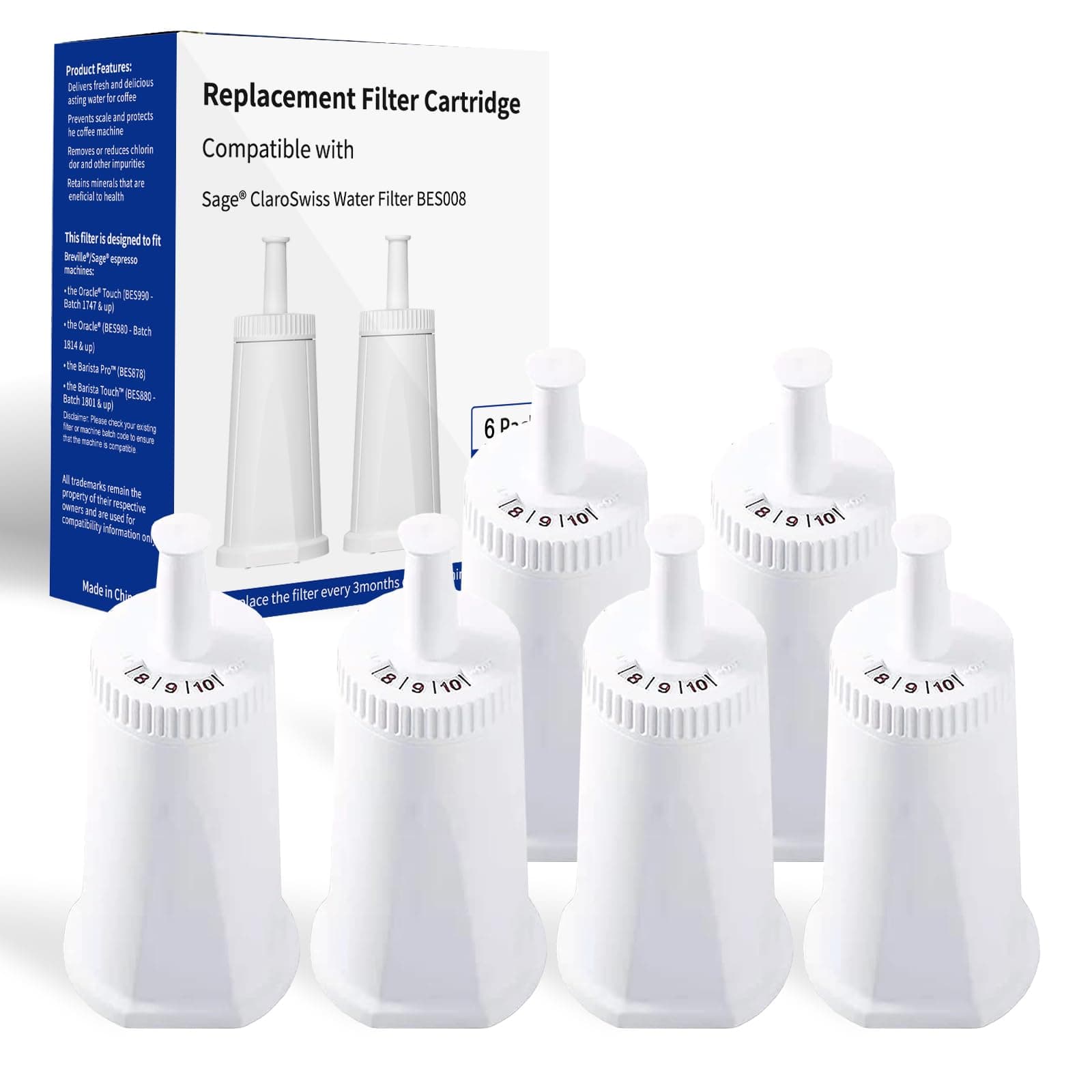 6 Pack Bes880 Water Filter Replacement Compatible with Breville* Sage Oracle Touch,Barista,Claro Swiss,BES878,Bes920,Bes008 Espresso Coffee Machine,Replaces Part #BES008WHT0NUC1