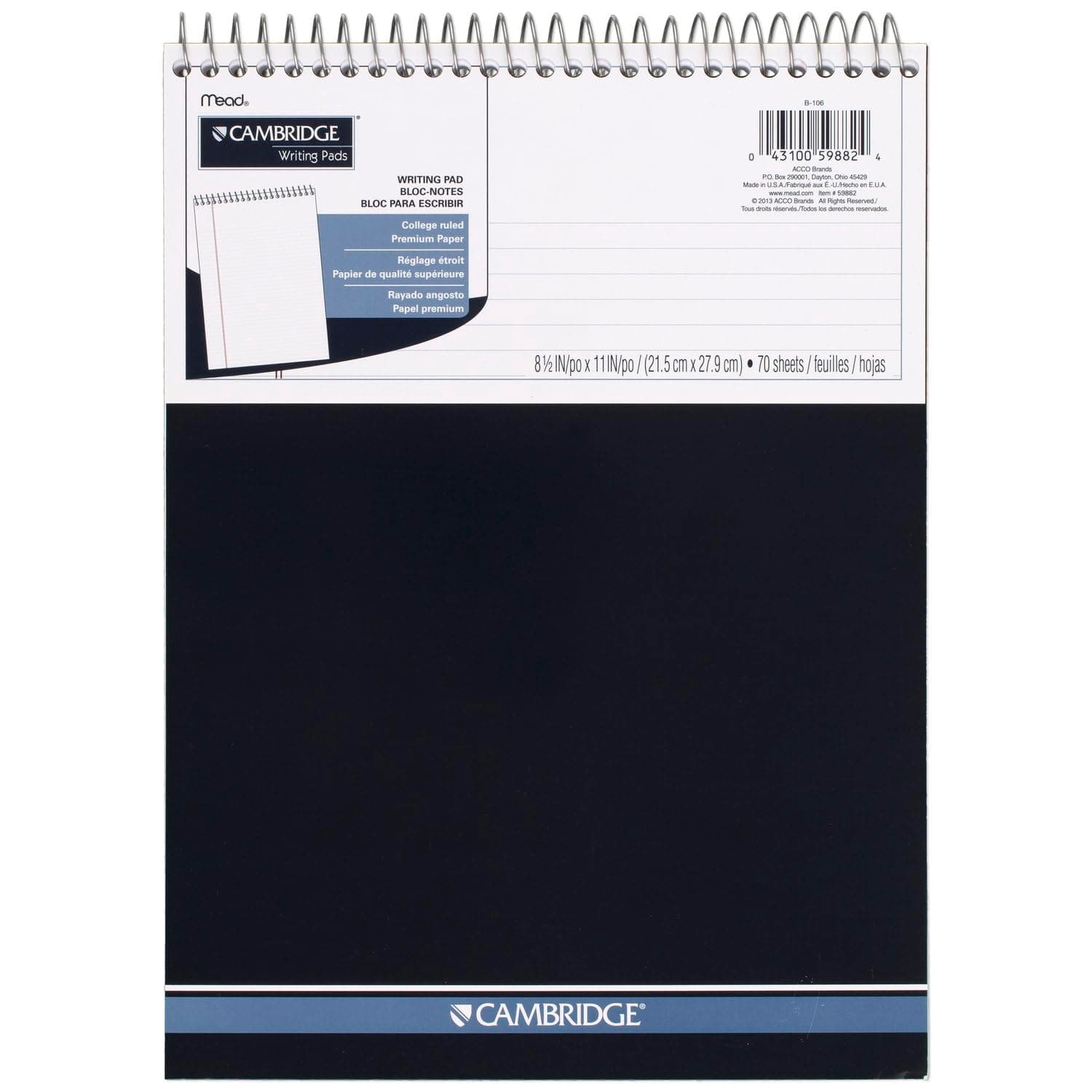 Cambridge Notebook, Business Notebook, 8-1/2" x 11", 70 Sheets, College Ruled, Top Wirebound, Navy (59882)