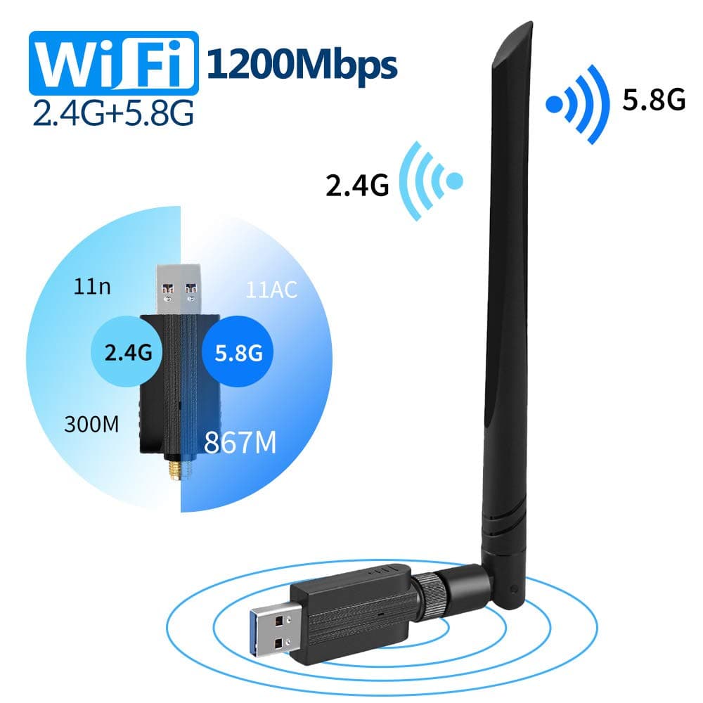 FREESOO USB Wifi Adapter 1200Mbps USB 3.0 Wireless Network Dual Band 5.8G/2.4G adapter with 5dBi Antenna for Mac PC Desktop Laptop, Compatible with Windows XP/Vista/7/8/10 Linx2.6X Mac OS X
