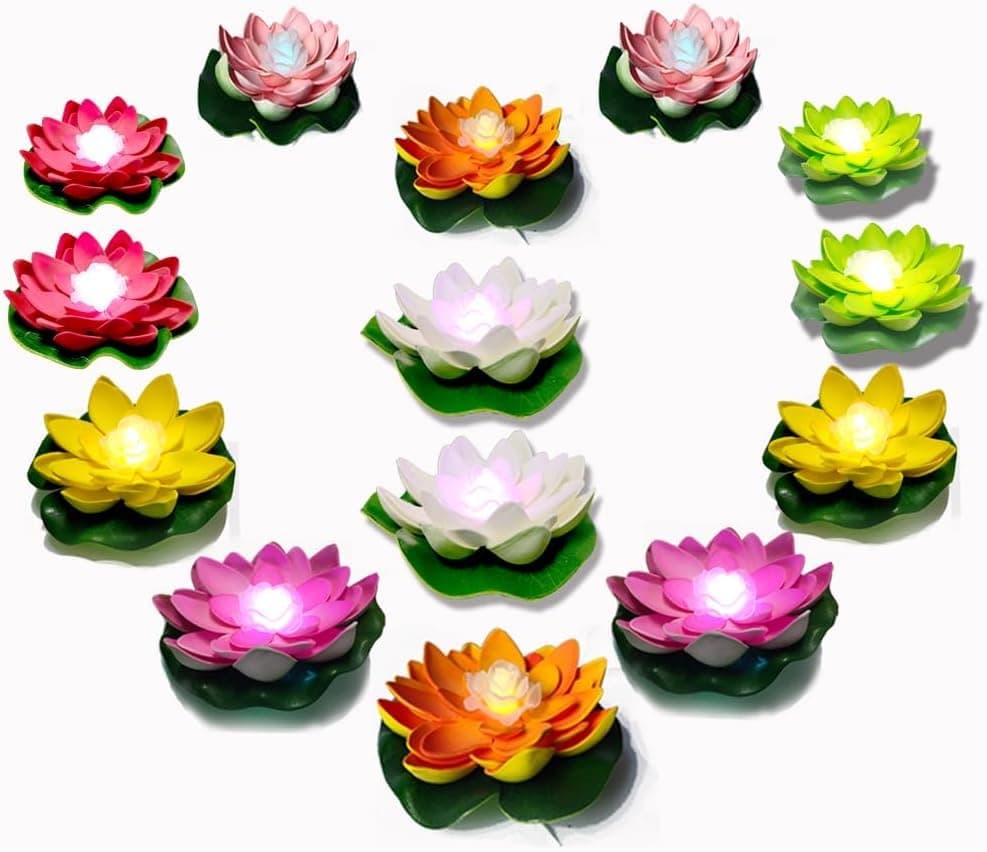 Assaoy Floating Pool Lights,LED Pond Light Fun Pool Accessories Lotus Flower Pool Lights That Float,Artificial Lily Flower Lamp Garden Wedding Swimming Pool Decora Ourdoor Mother's Day Party 14pcs
