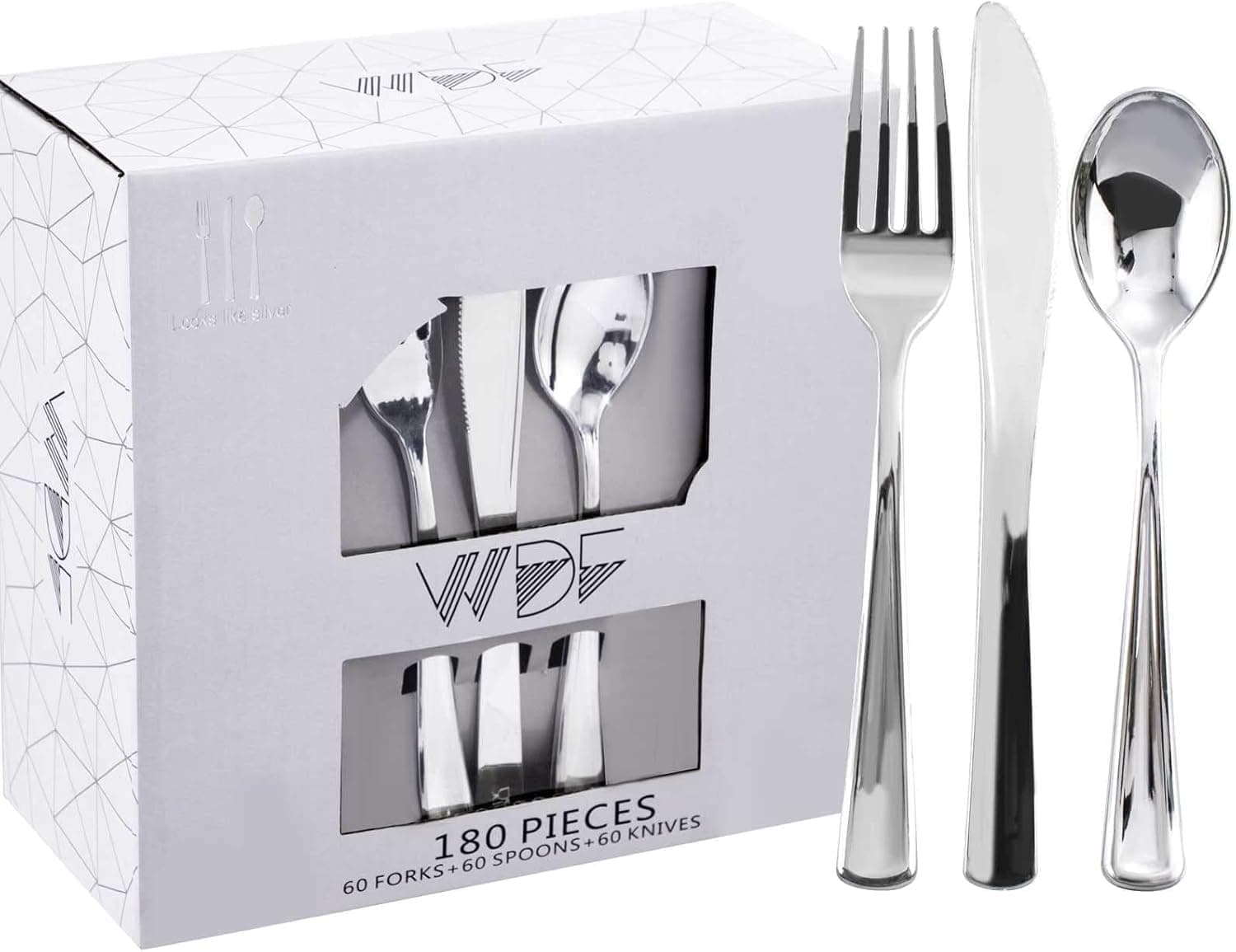 WDF 180 Pieces Silver Plastic Silverware - Silver Plastic Cutlery - Fancy Plastic Silverware Heavy Duty - 60 Forks 60 Knives 60 Spoons - Disposable Plastic Utensils Perfect for Party Wedding