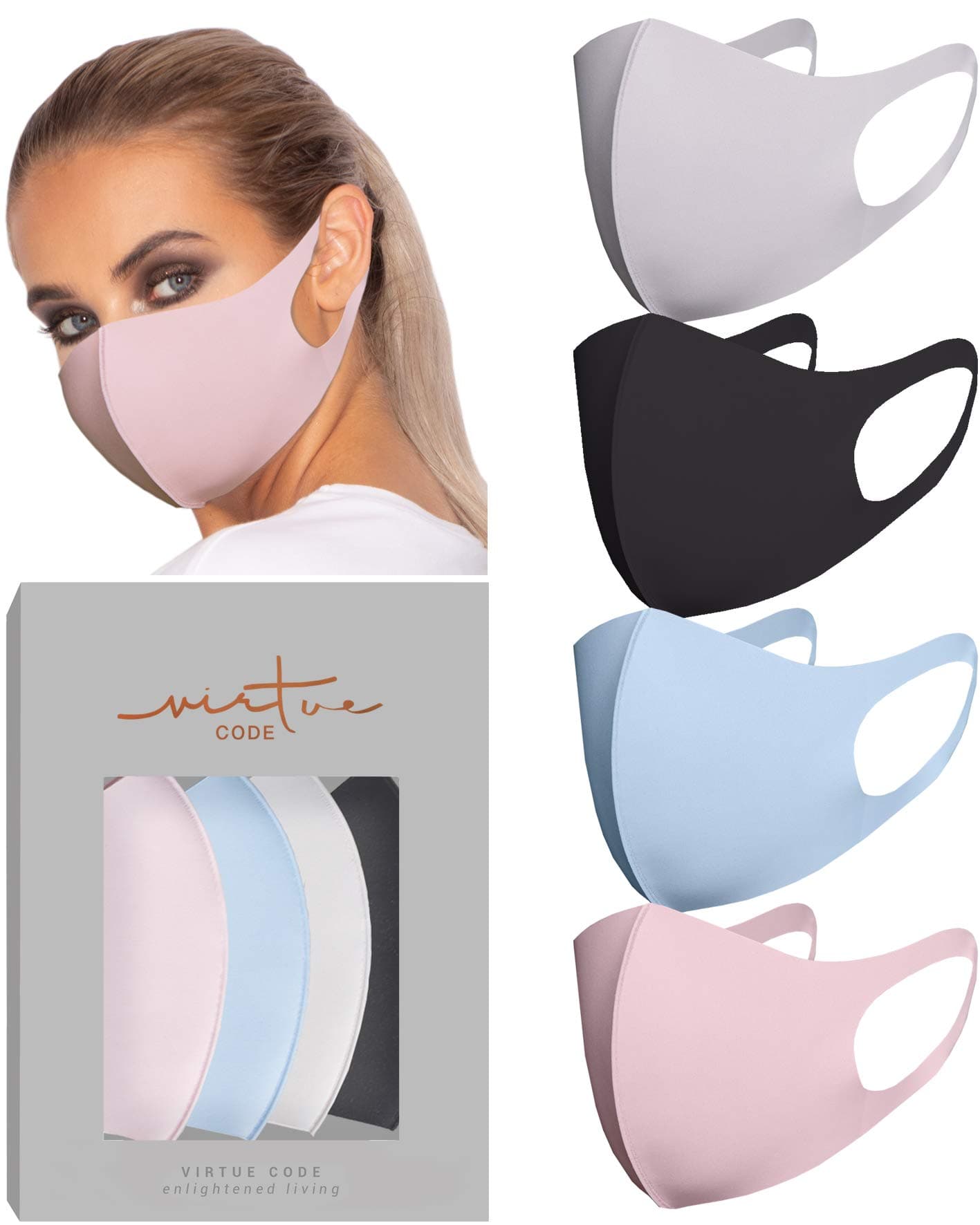 Virtue Code Second Skin Cloth Face Mask Pack. 4 Buttery Soft Masks Washable Fabric
