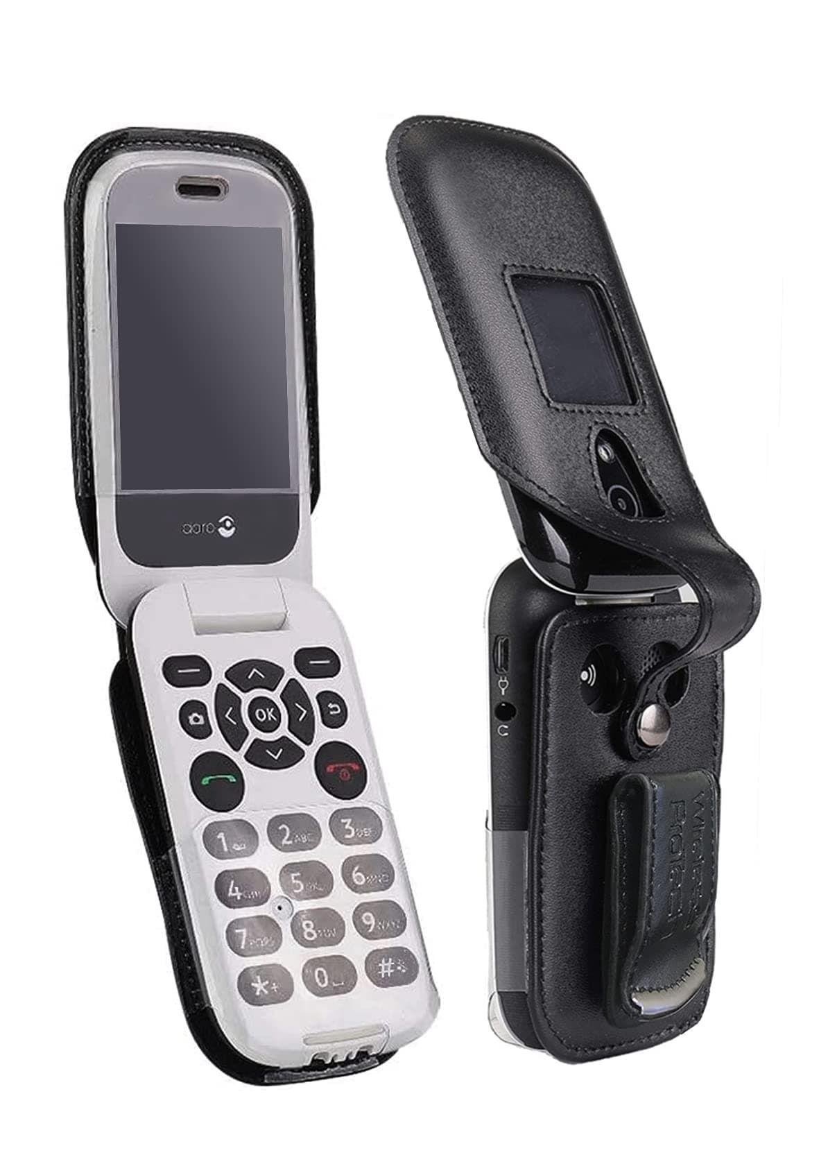 Case with Clip Compatible with Consumer Cellular Doro Flip Phone Model 7050, Fitted Leather Case, Rotating Belt Clip, Built-in Screen & Keypad Protection