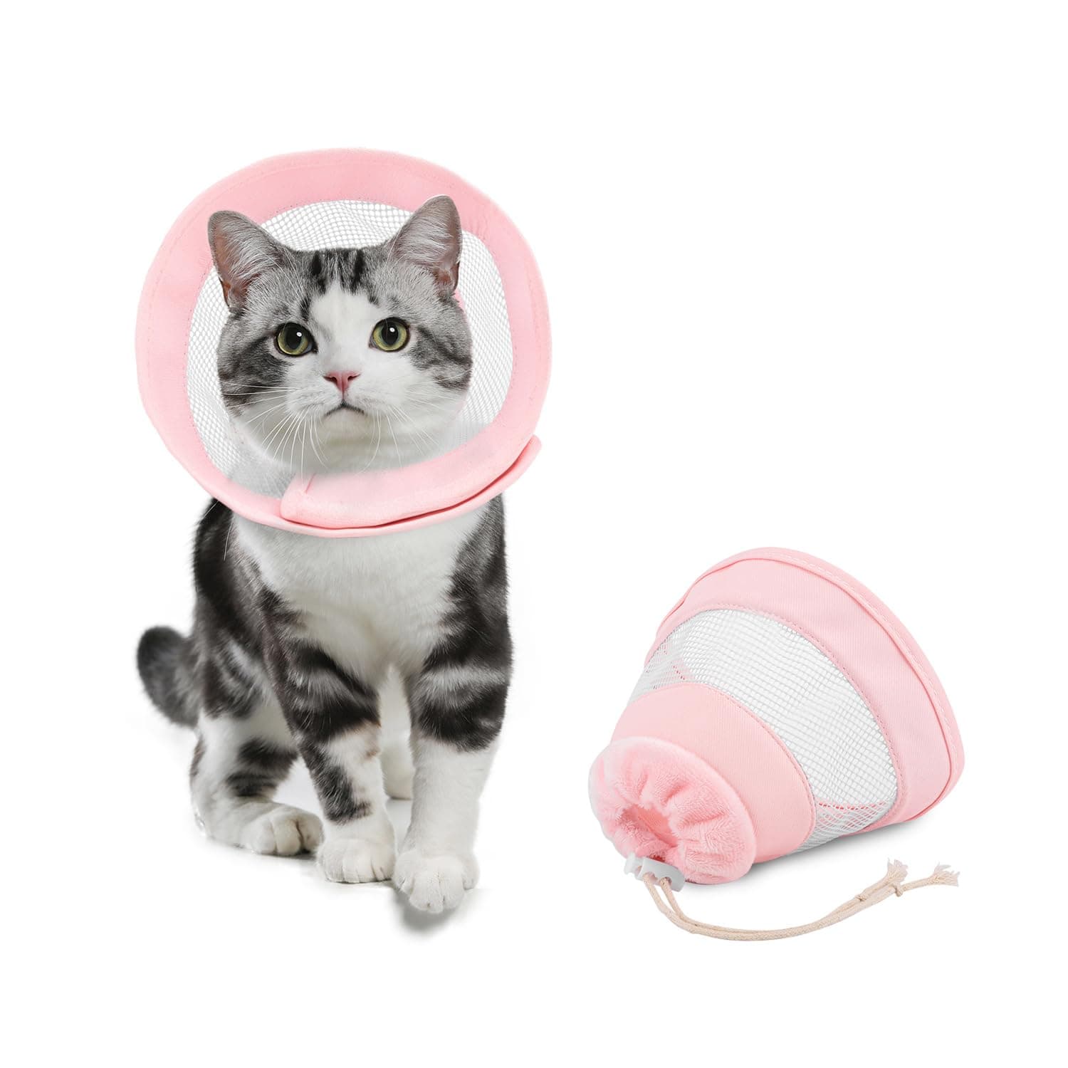 COMSUNCat Cone Collar Soft Cat Recovery Collar Lightweight Adjustable Protective Cone Collars for Cats Kittens After Surgery,Hollow Out Design Not Block Vision Pink (M)