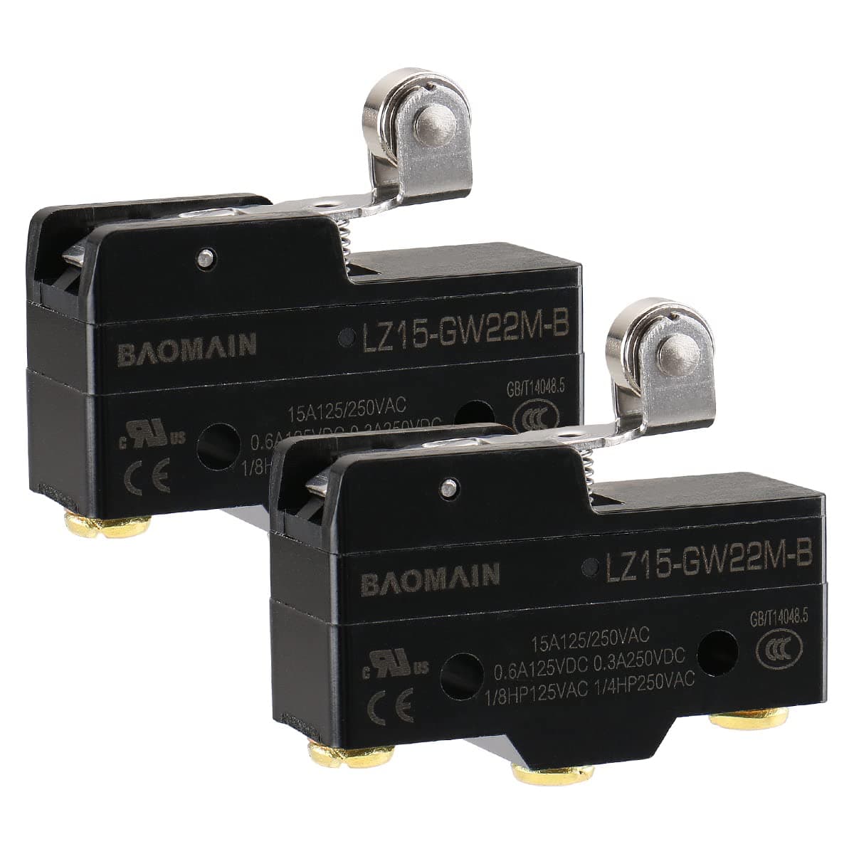 Baomain General Purpose Basic Switch Z-15GW22S-B3(LZ-15GW22M-B), Short Hinge Roller Lever, Screw Terminal,15A Rated Current UL,CE Pack of 2