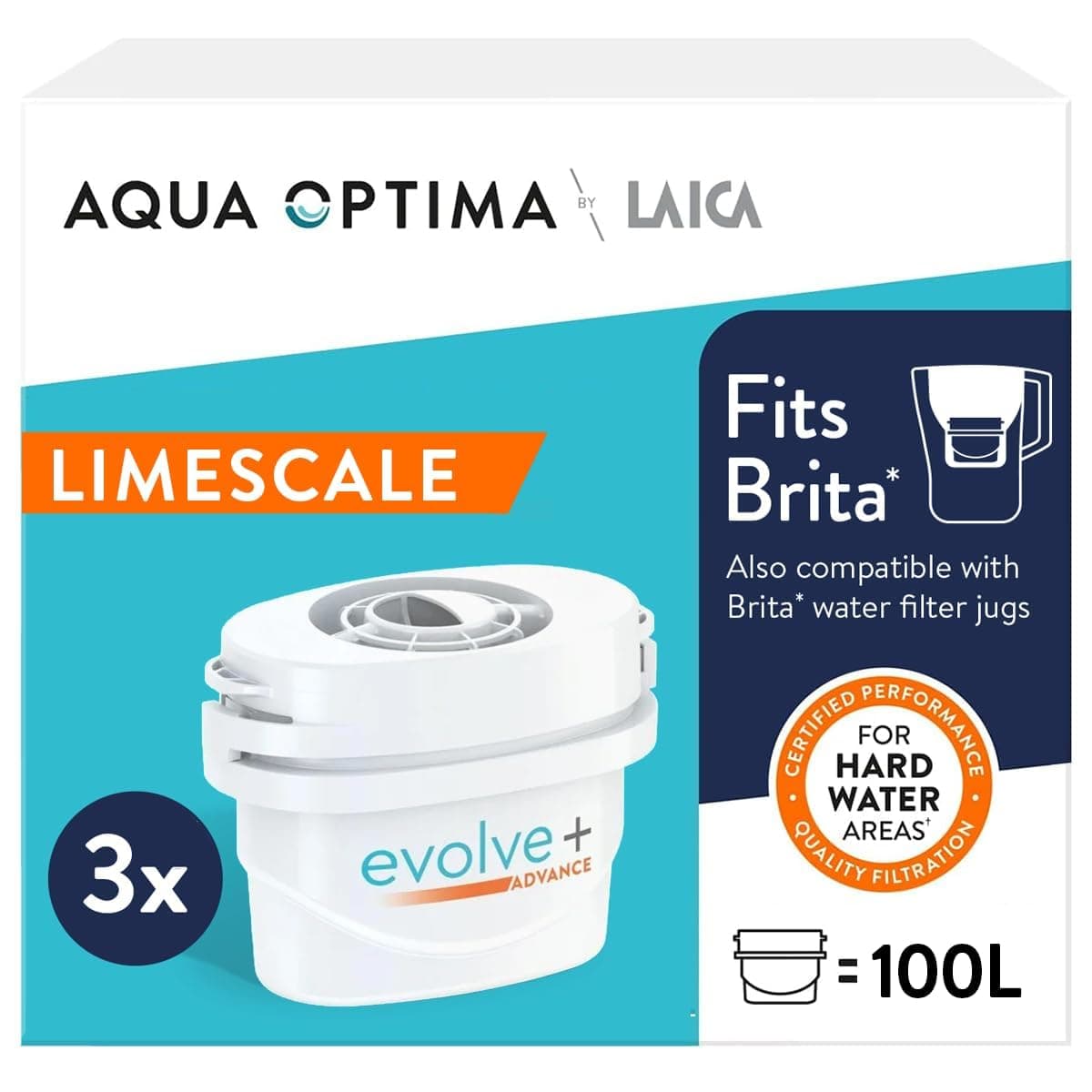 Aqua Optima Evolve+ Hard Water Limescale Filter Cartridges 3 Pack - Fits Brita Jugs & Alternative for Maxtra Filters* - Reduces Limescale, Chlorine & Other Impurities - by LAICA (Packaging May Vary)
