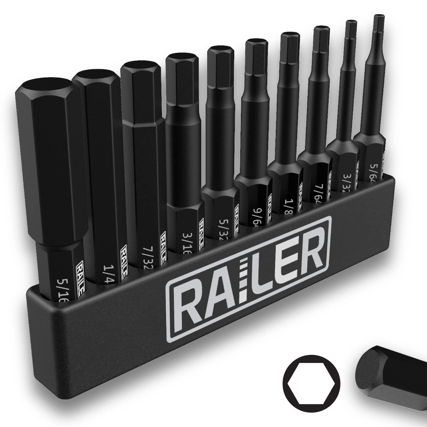 10 Pack SAE Hex Head Allen Wrench Drill Bit Set. Premium S2 Steel 2 Inch SAE Hex Bit Set With Quick Release Shank and a Storage Bitrail - Great for Ikea Type Furniture