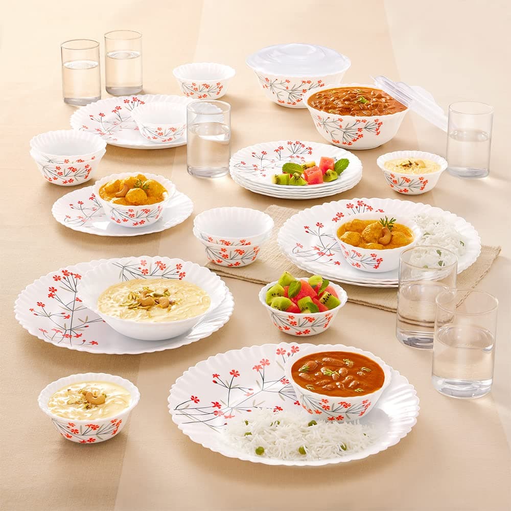 Red Bud Silk Series Opalware Dinner Set with Glasses, 35 Pieces for Family of 6, Microwave & Dishwasher Safe, Bone-Ash Free, Crockery Set for Dining & Gifting, Plates & Bowls, White