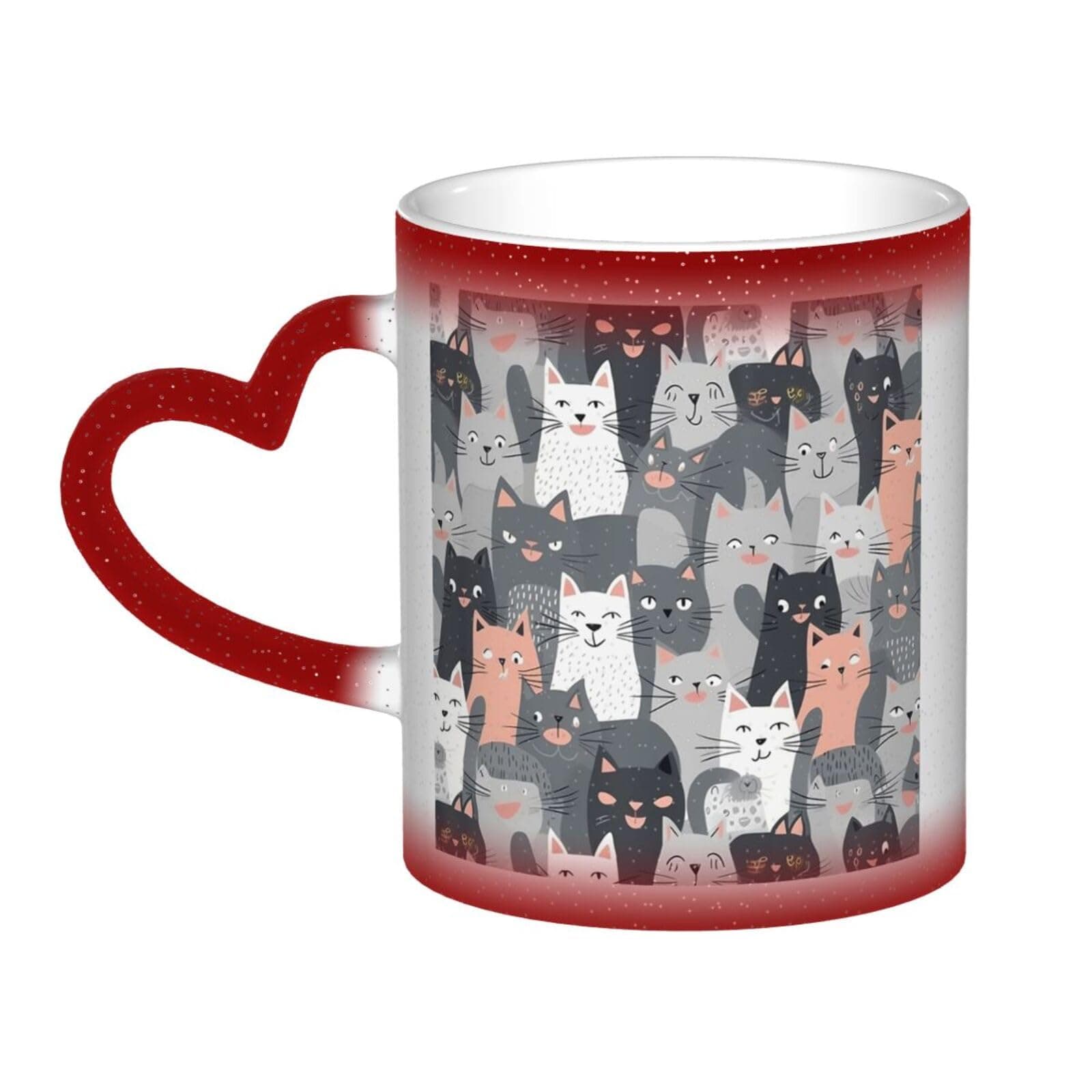 11oz Color Changing Coffee Mug with Handle Ceramic Coffee Cups Heat Sensitive Cup Funny Magic Mugs Cute Funny Grey Cats Pattern Tea Cup Colour Changing Mug Porcelain Mugs for Xmas Gifts