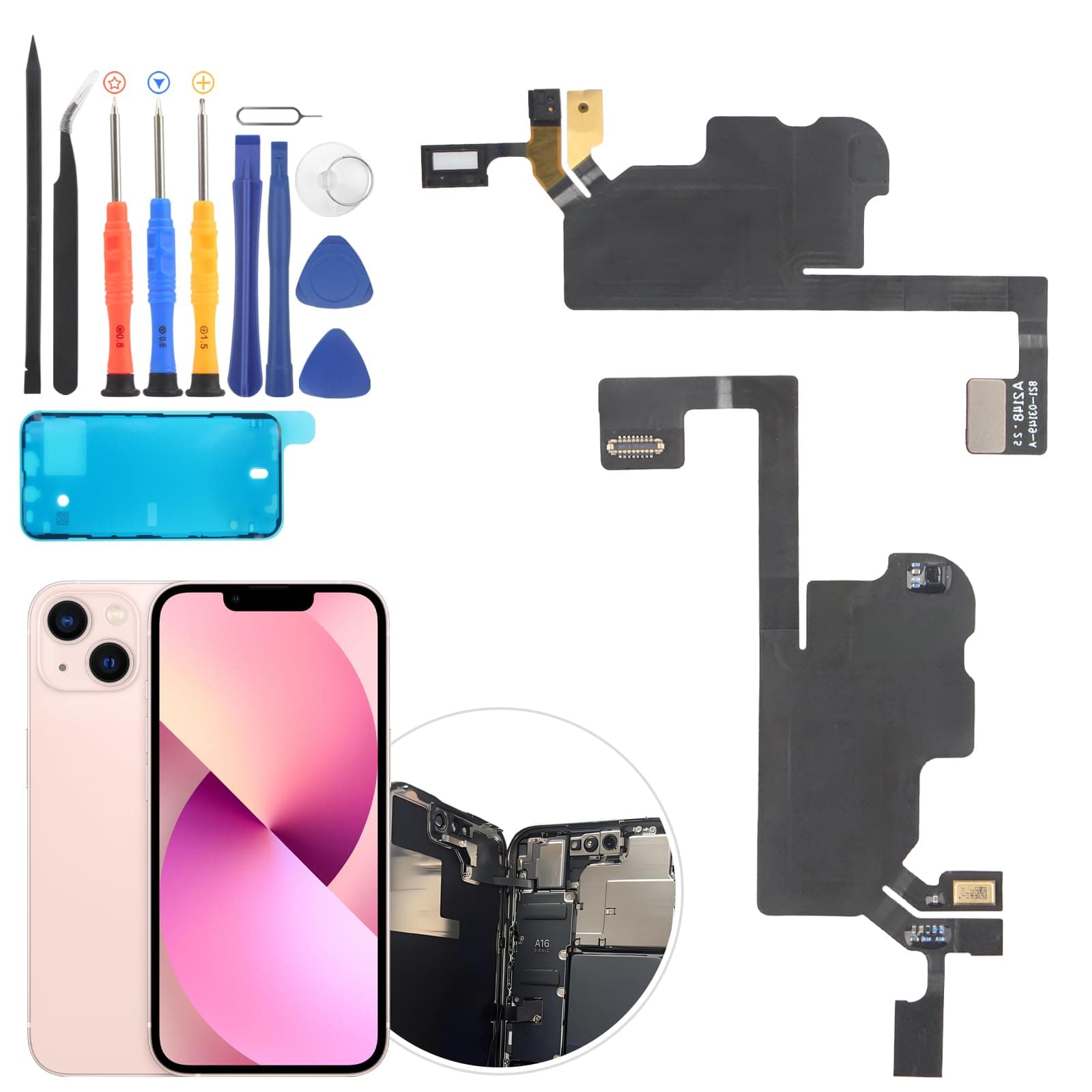 YWLRONG Earpiece Speaker Replacement for iPhone 13 Speaker Replacement with Light Proximity Sensor Flex Cable and Tools
