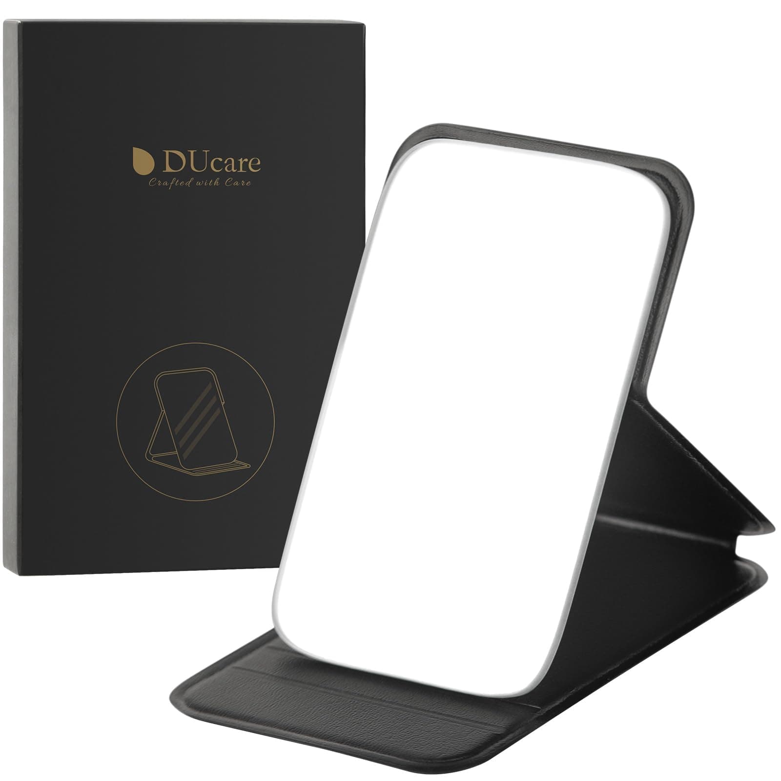 DUcare Mini Folding Mirror Portable Travel PU Portable Adjustable Rectangular Ultrathin Vanity Mirror with Stand, for Travel, Camping,Home
