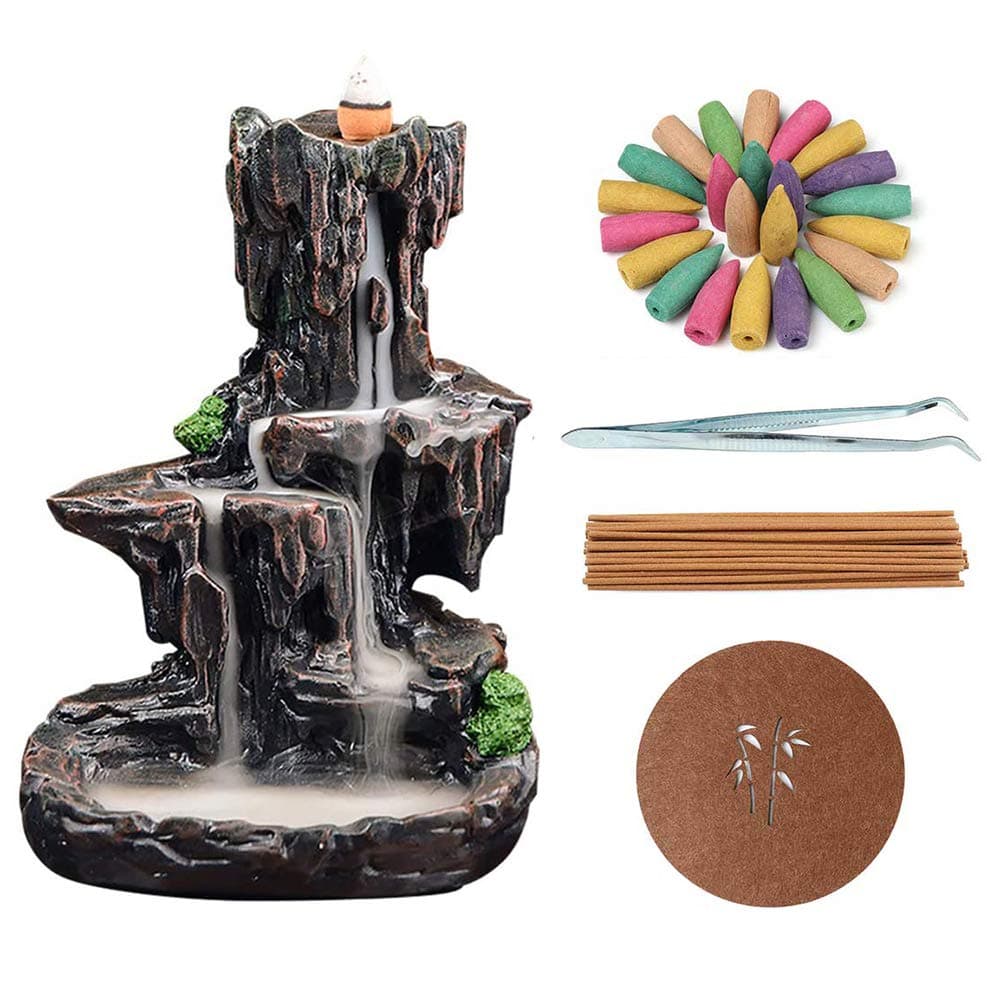 LEAFIS Waterfall Monk Backflow Incense Burner Mountain Tower Incense Holders for Home Office Yoga Aromatcherapy Ornamen (with 120 Cones)