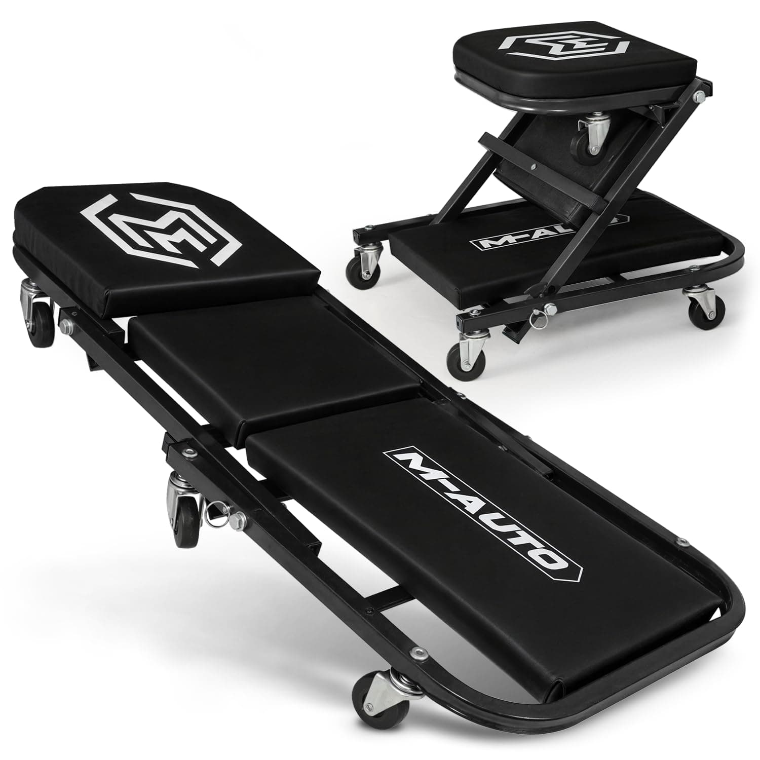 M-AUTO Foldable Z Creeper 2-in-1 Rolling Folding Car Creeper & Seat, 36" Adjustable Roller Garage Chair Lay Down or Sit, 330LBS Capacity Under Car Roller Creeper with 6 Swivel Casters, Black