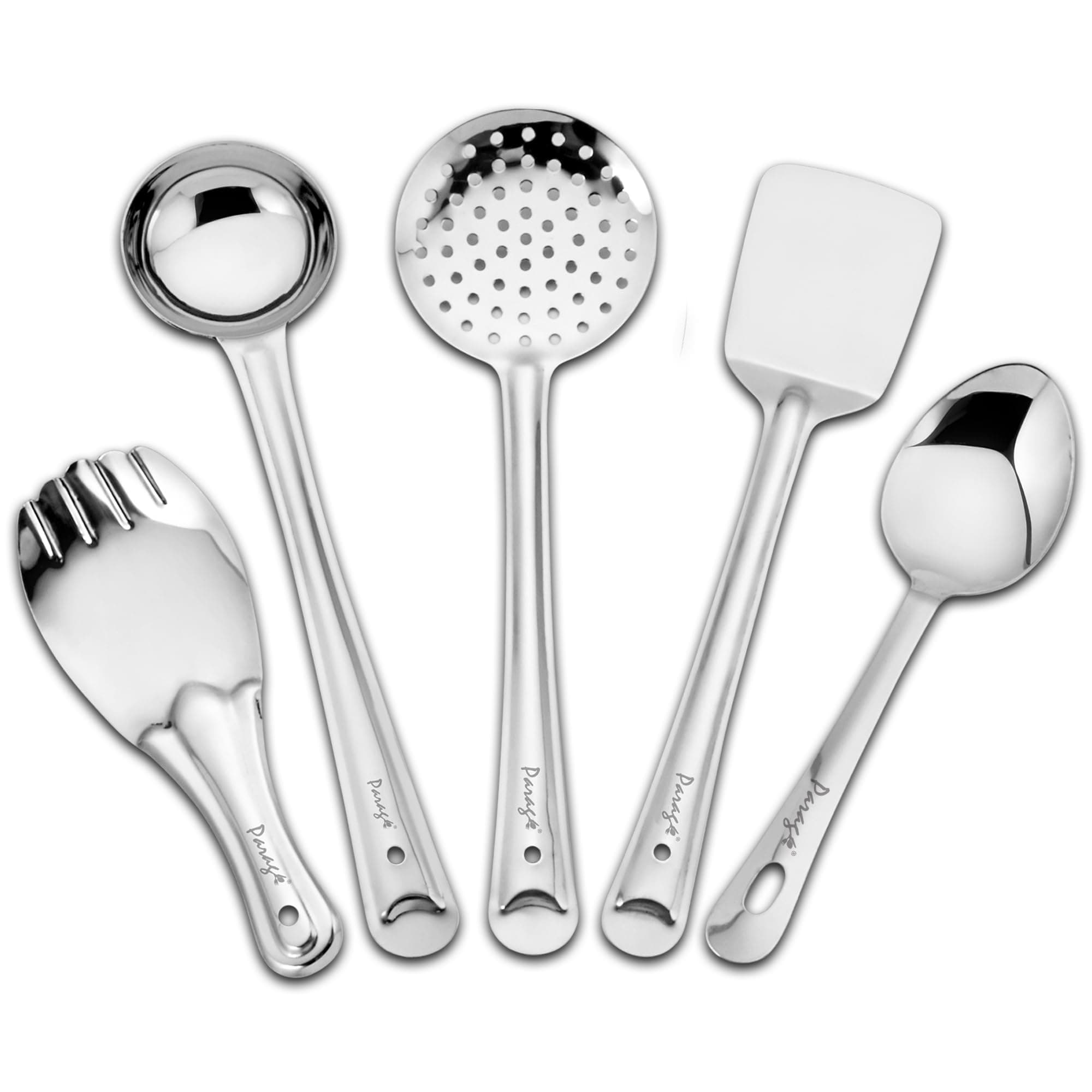 Parage 5 Pieces Stainless Steel Kitchen Tools Set for Kitchen Cooking and Serving, Pack of 5, Ladle(Karchhi), Skimmer(Jhara), Turner/Spatula (Palta), Basting and Rice Spoon, Silver, 34.5 cm